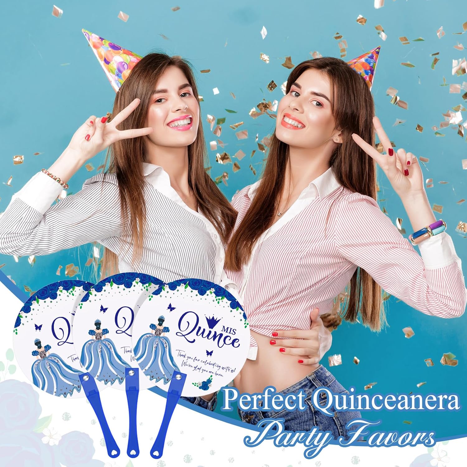 Cinnvoice 50 Quinceanera Party Favors for Guests Quinceanera Hand Fans Bulk Plastic Handheld Fans Mis Quince Gift for Girls Sweet 15 Birthday Party Decor Gift Adults Souvenirs (Blue)