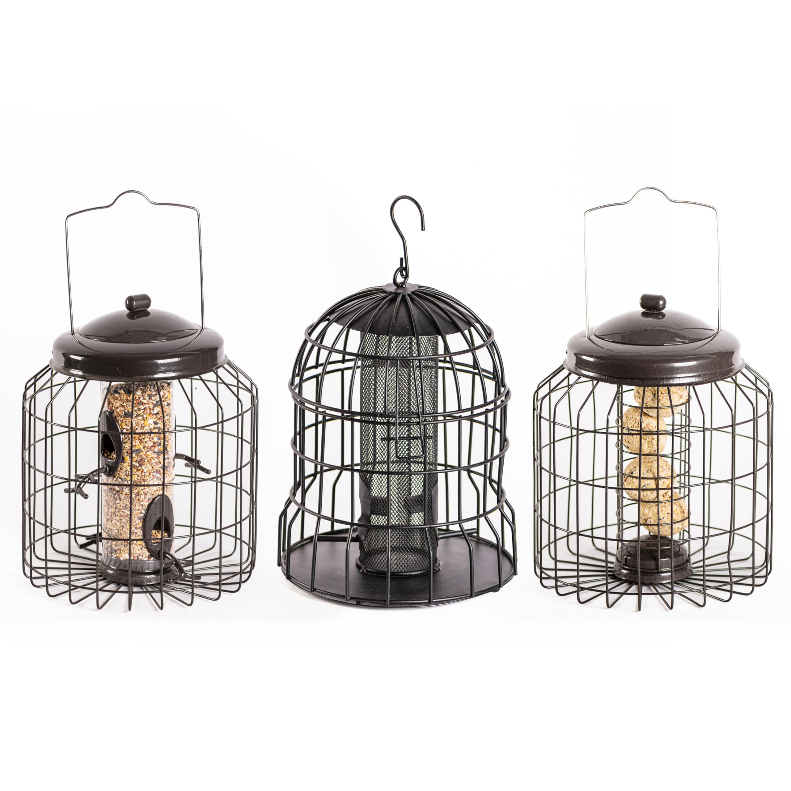 Happy Beaks Heavy Duty Squirrel Proof Bird Feeder – Weatherproof Metal Seed Feeder for Small Songbirds, Anti-Bacterial Coating, 500g Capacity (Set of 3 (1 of each))