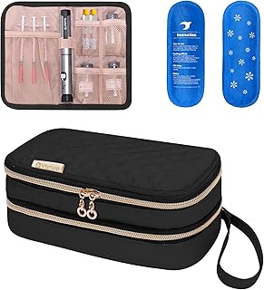 YARWO Insulin Cooler Travel Case with 2 Ice Packs, Double-Layer Diabetic Insulated Organizer, Portable Medication Cooling Bag for Insulin Pens, Glucometer and Diabetes Care Supplies, Black (Patented Design)
