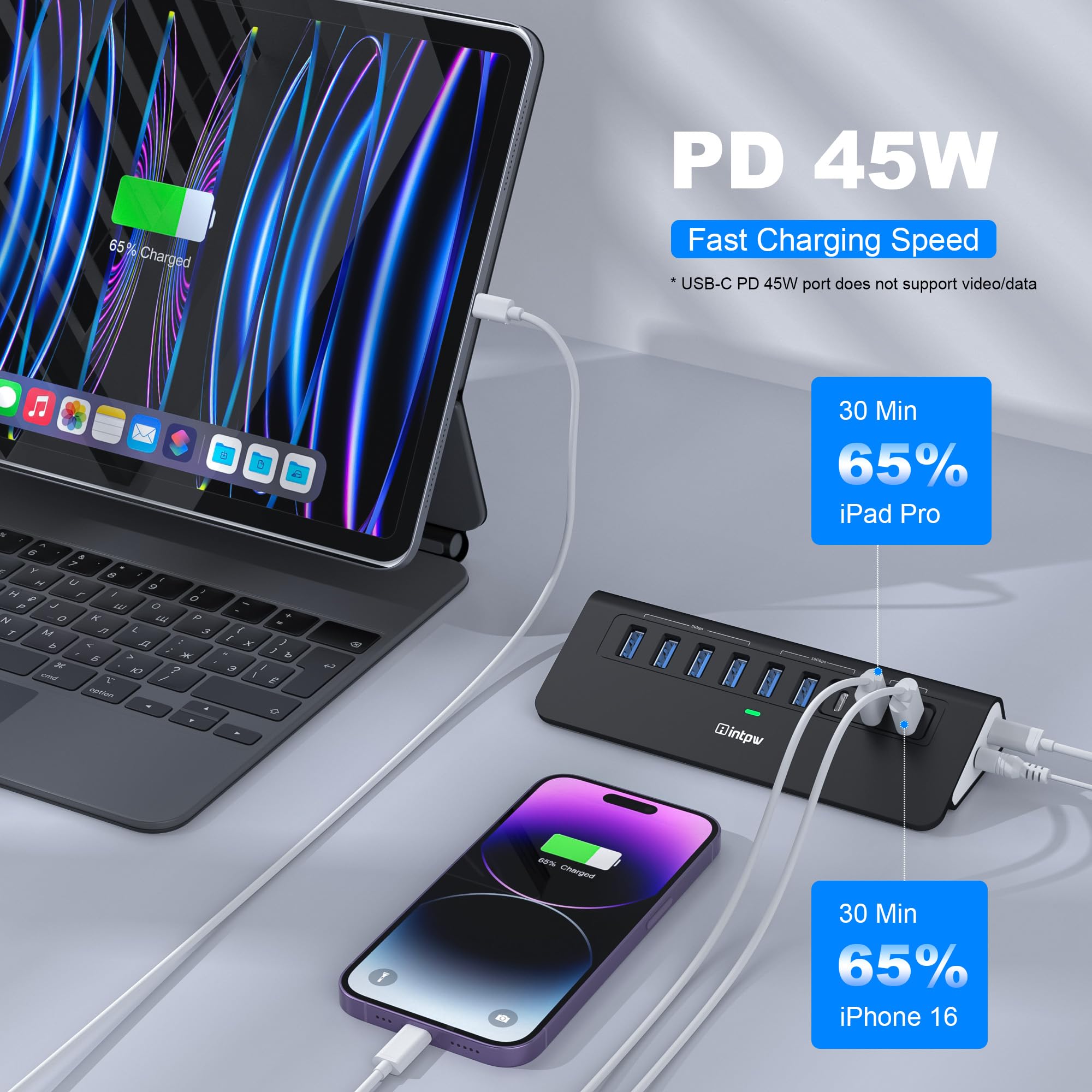 intpw Hub USB alimentato da 10 Gbps, hub USB 3.2 a 9 porte, hub USB C con 3 USB 3.2, 4 USB 3.0, 2 porte di ricarica PD da 45 W, cavo da 3,3 m e adattatore di alimentazione da 65 W, hub USB in