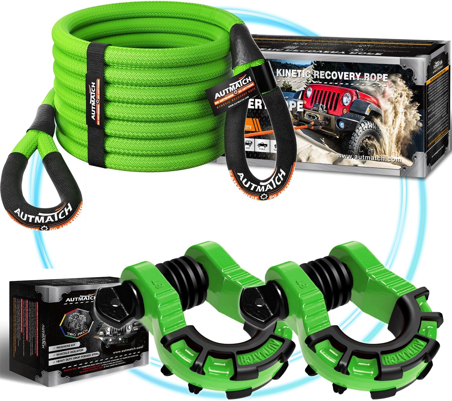 AUTMATCH Kinetic Recovery Tow Rope 1" x 30FT with 3/4" Mega D-Ring Shackle, Heavy Duty Offroad Snatch Strap 48000Lbs for 4x4 Off-Road Vehicle, Truck, Trailer, ATV, UTV, Green
