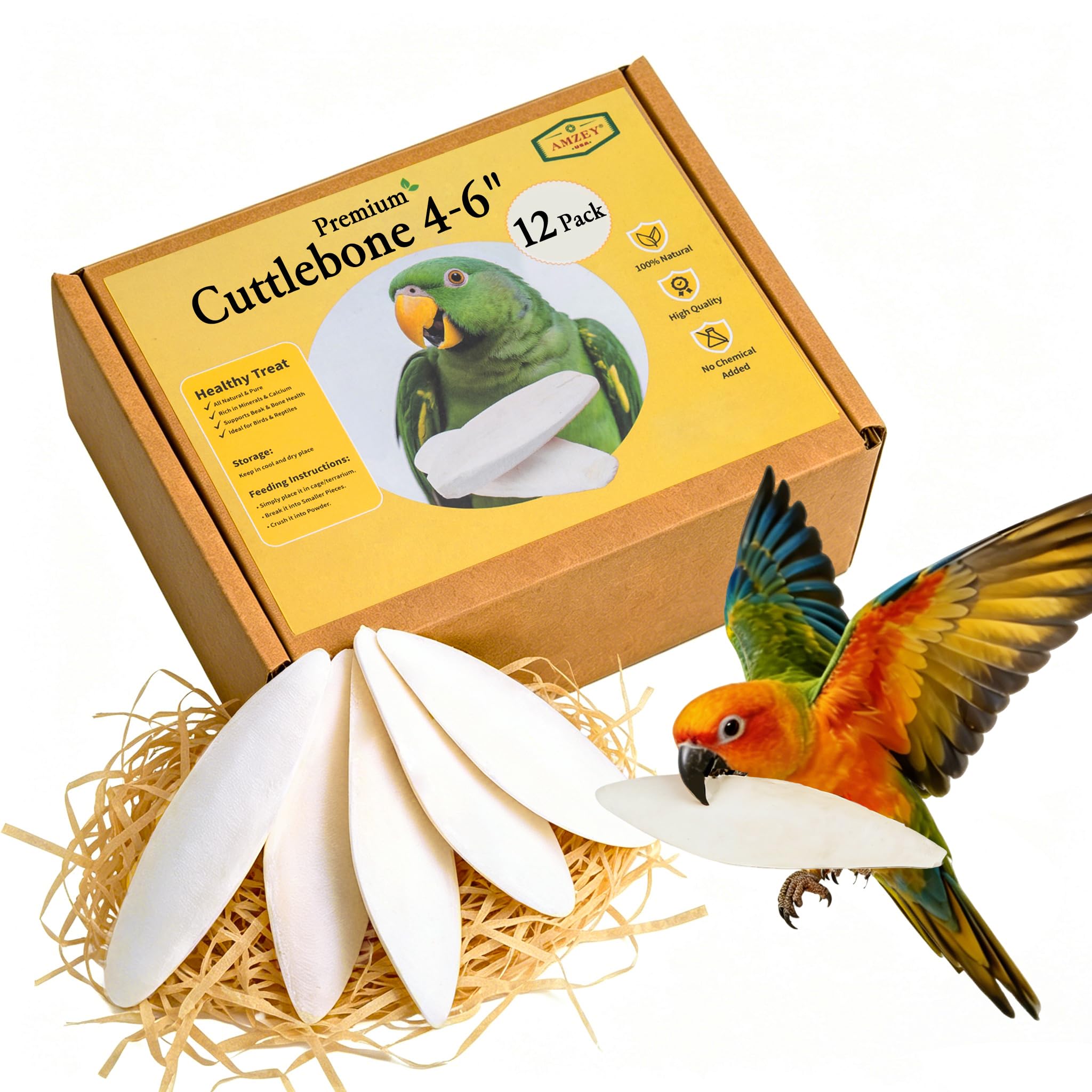 Amzey 12 Pack Cuttlebone for Birds, 4-6 Inch Natural Calcium Source for Parrots