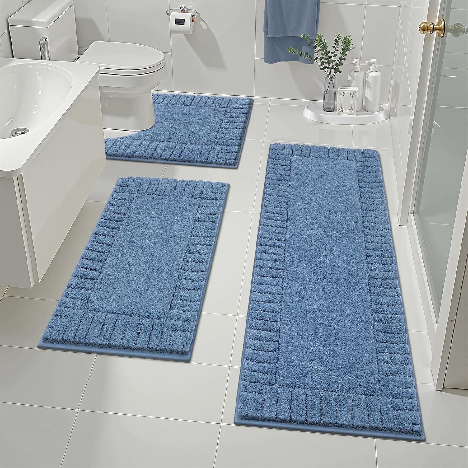 Pauwer Bathroom Rugs Sets 3 Piece Bathroom Shower Rugs with U-Shaped Contour Toilet Mat Absorbent Microfiber Plush Bath Mats Non Slip Bath Rugs Machine Washable Shaggy Bath Mat Set, Blue