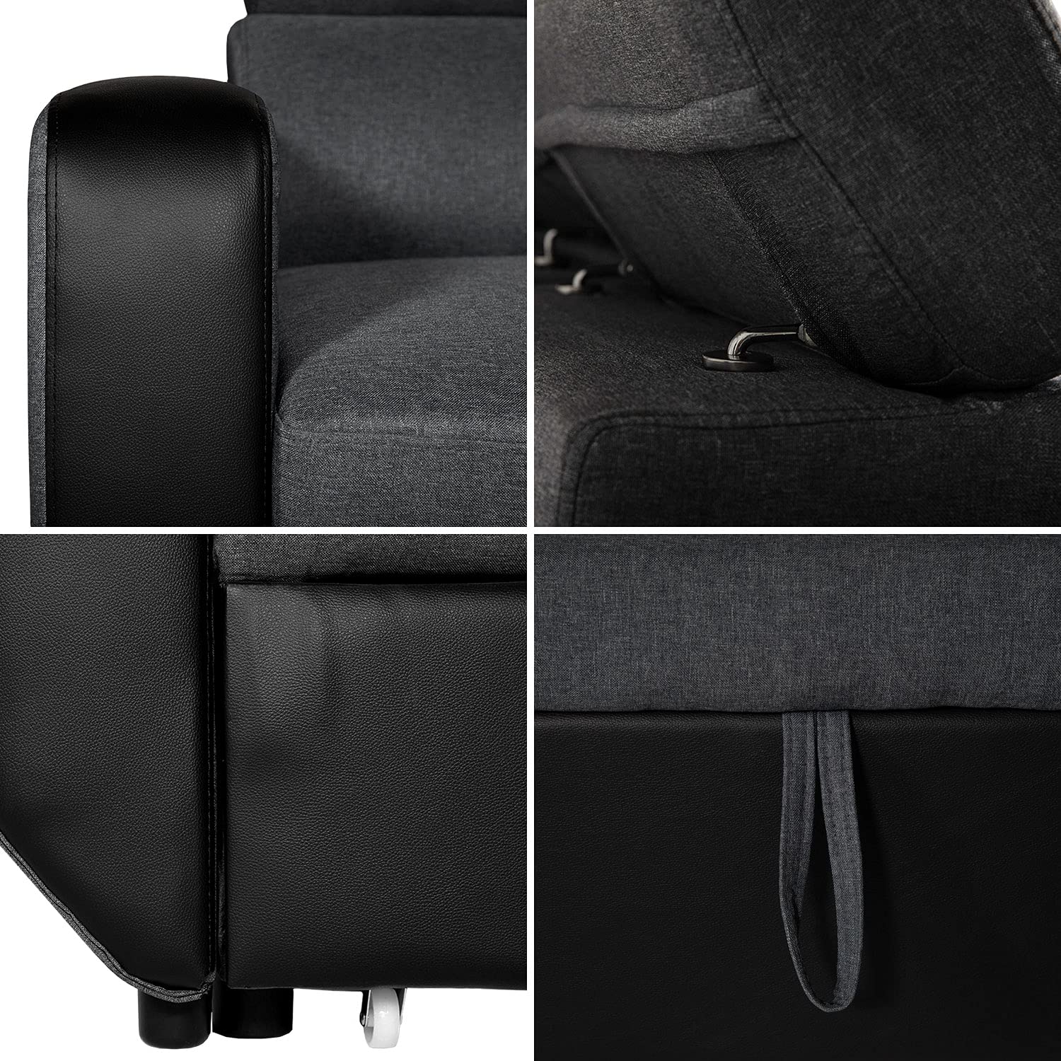 Happy Garden Canapé d'angle Convertible Warren 3 Places en Tissu et Simili Gris chiné et Noir. Canapé avec méridienne réversible, Appui-tête réglable et Coffre de Rangement.