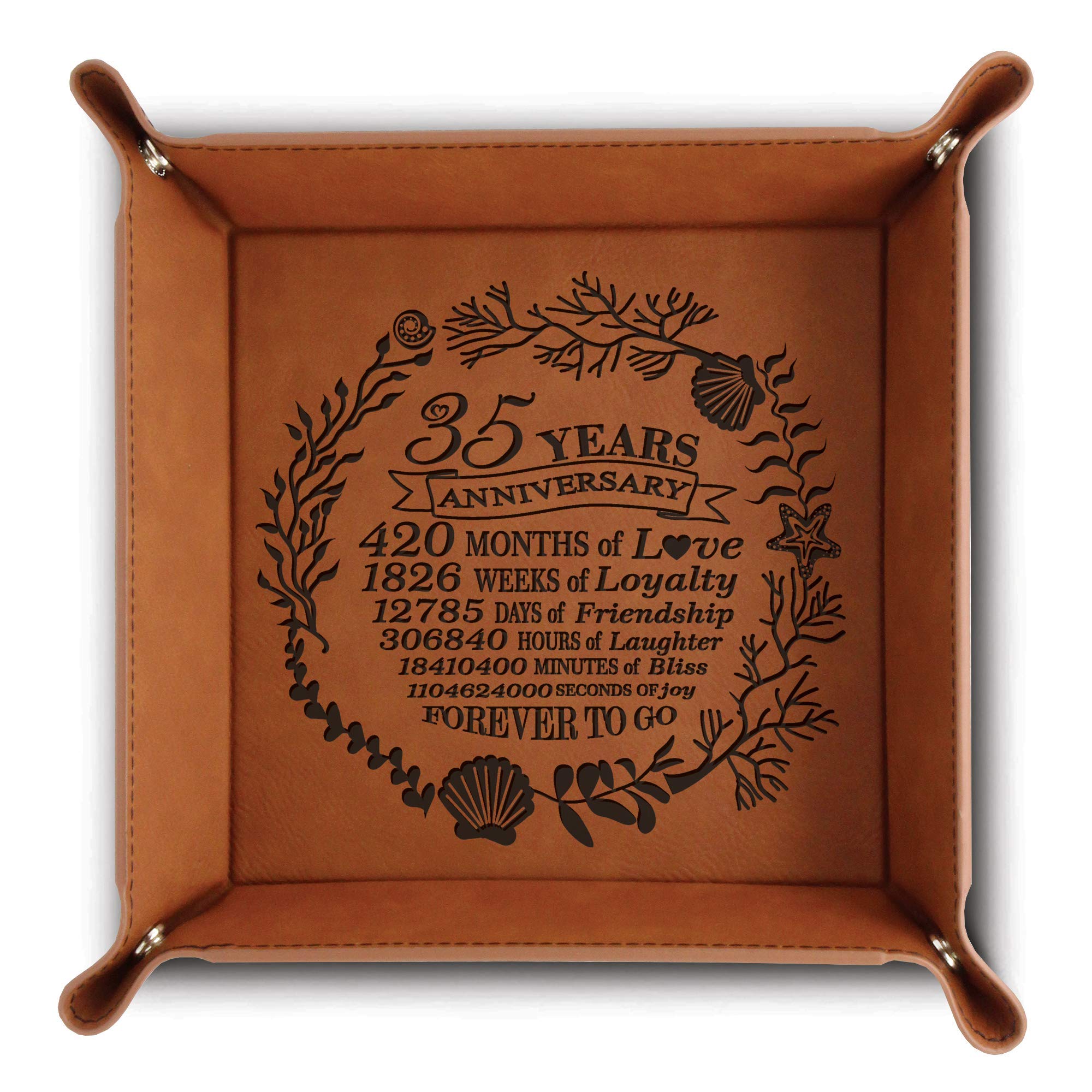 Bella Busta- 35 Years Anniversary- Traditional Coral 35th Wedding Anniversary-Engraved Leather Tray with Corals Design and 35 Years with a Detailed Breakdown (6 x6 Rawhide)