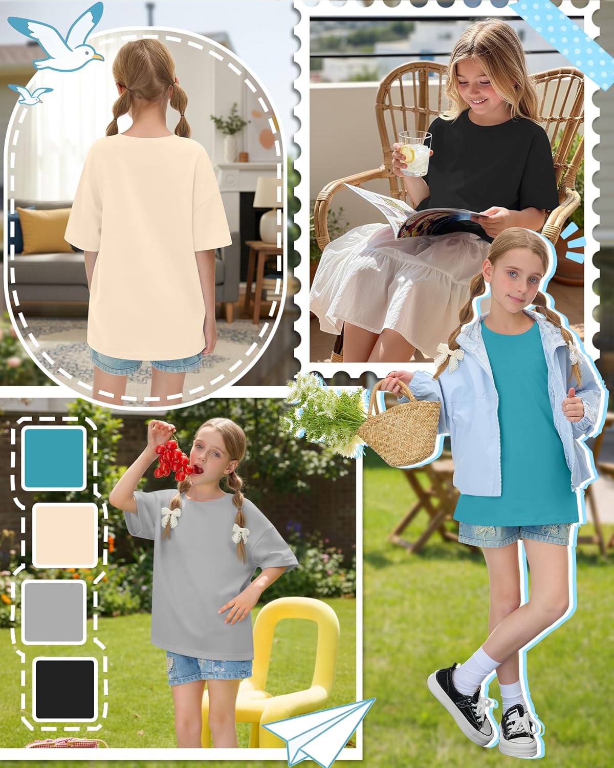 4 Pack Girls Oversized Shirts Teen Short Sleeve Crew Neck Tops Kids Summer Trendy Loose Fit Shirts 5-14 Years