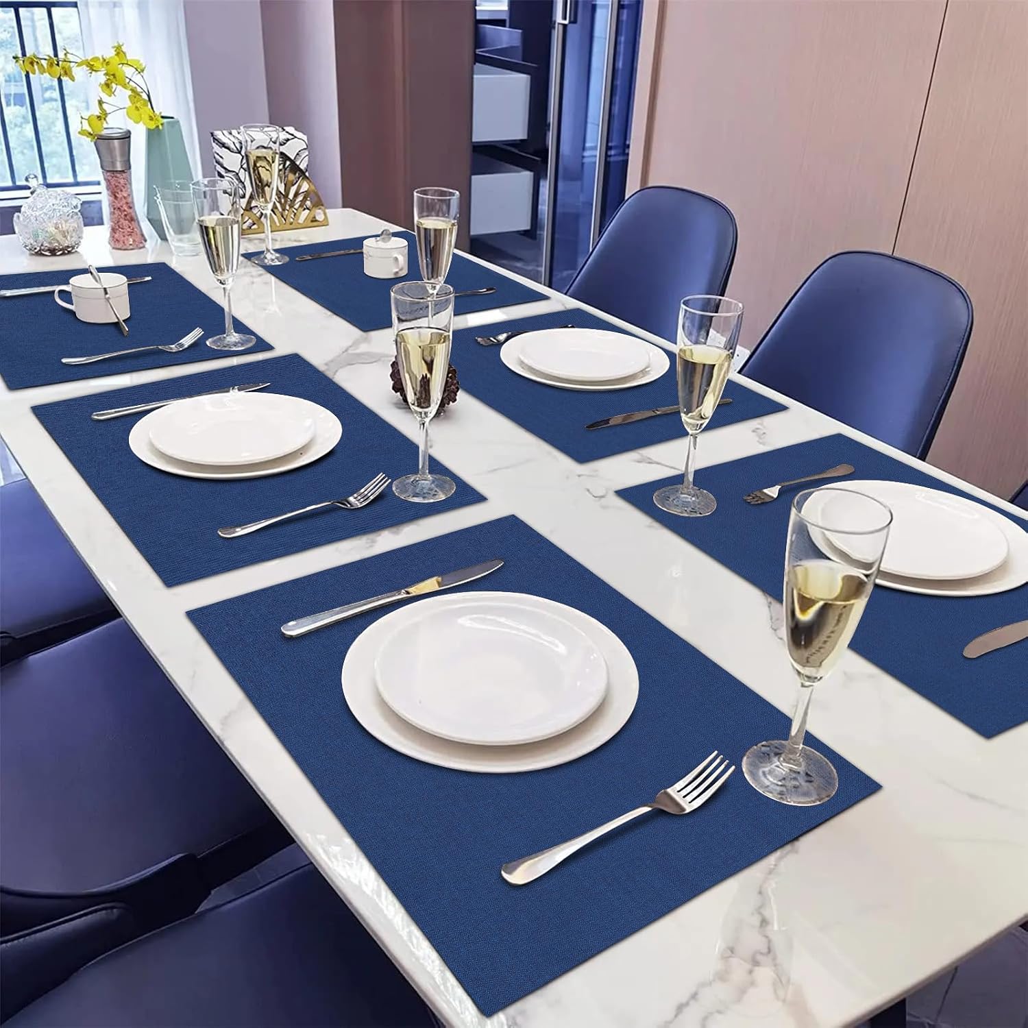 Cloth Placemats Set of 8 - Thickened Navy Blue Table Placemats Set - Heat Resistant Dining Table Place Mats Washable Kitchen Table Mats Set of 8, 18x12 inch, Easy to Clean(Blue) image 2
