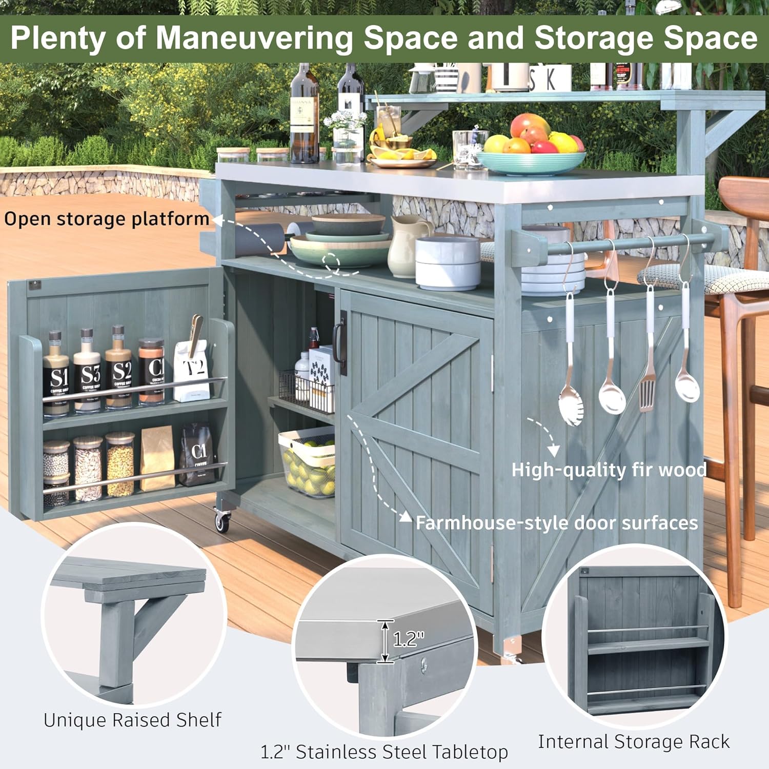 Outdoor Kitchen Island with Stainless Steel Top, 53.3" Rolling Grill Cart with Adjustable Shelves, Raised Shelf, Lockable Wheels, Portable Outdoor Table and Bar Storage Cabinet for Patio