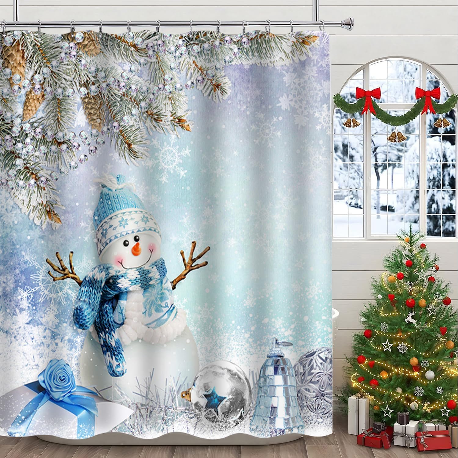 Cnayuep Christmas Shower Curtain, Xmas Tree Merry Bath