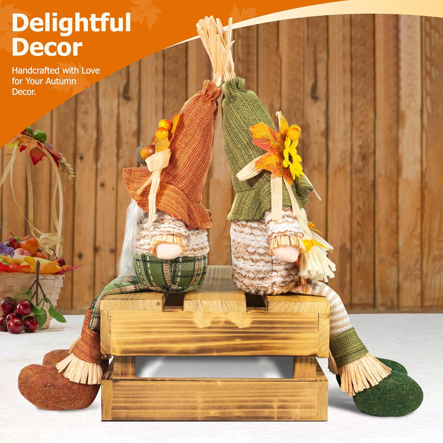 Thanksgiving Gnome Decorations – 2PCs Fall Decorations Plush Swedish Elves with Maple, Sunflower & Dangle Legs, Adorable Nordic Tomte Dwarf, Autumn Halloween Gnomes Decor for Home Kitchen - Image 5