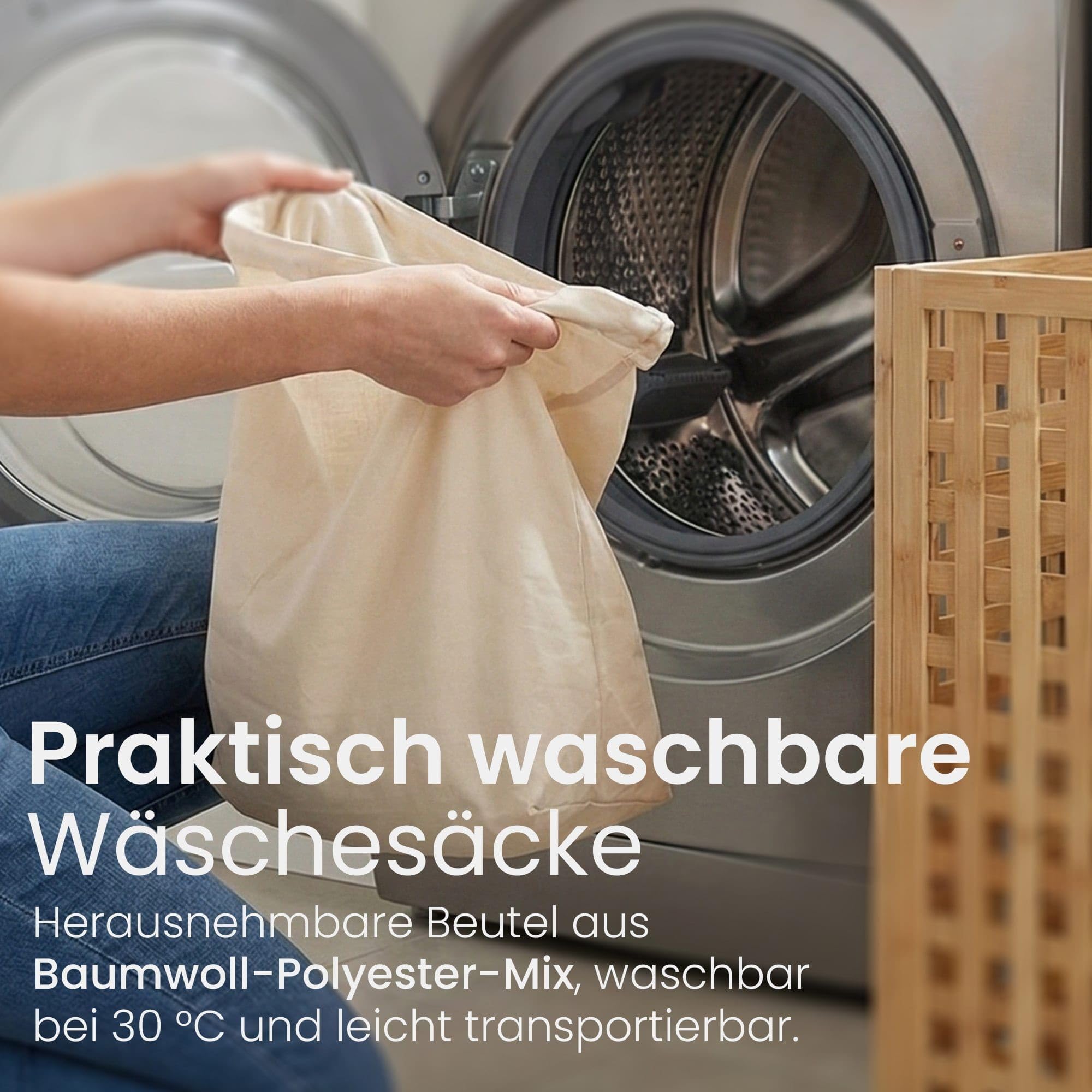CLP Wäschebox für Schmutzwäsche Lenca, Wäschesammler Holz Wäschesack 90L waschbar herausnehmbar, Bambusrahmen für Badezimmer, Farbe:natur