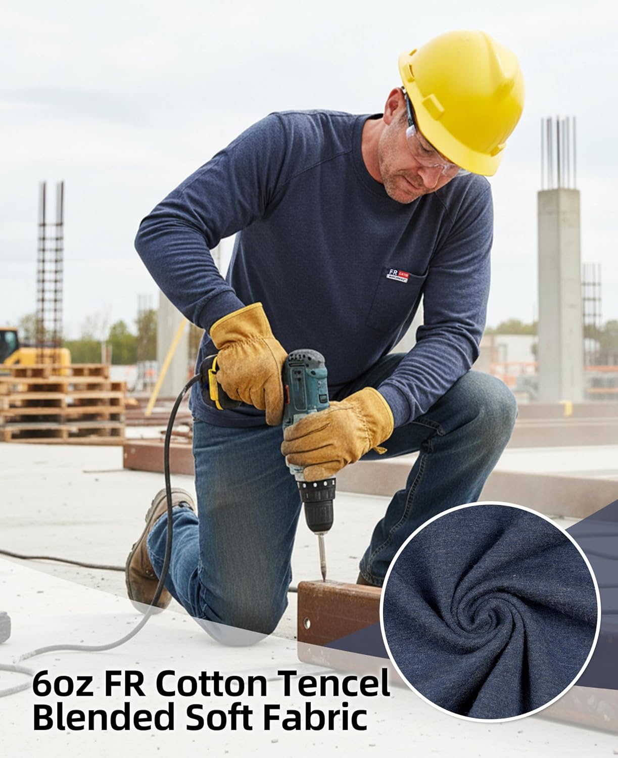 BOCOMAL FR Shirts Long Sleeve Crewneck Cotton Tencel Heather Blended Flame Resistant Work T Shirt CAT2 - Image 2