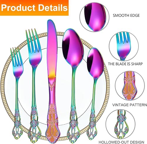 Miniatura 3 de Gorgeous Retro Royal - Juego de cubiertos de acero inoxidable de 5 piezas, juego de cubiertos de acero inoxidable antioxidante, incluye cuchara