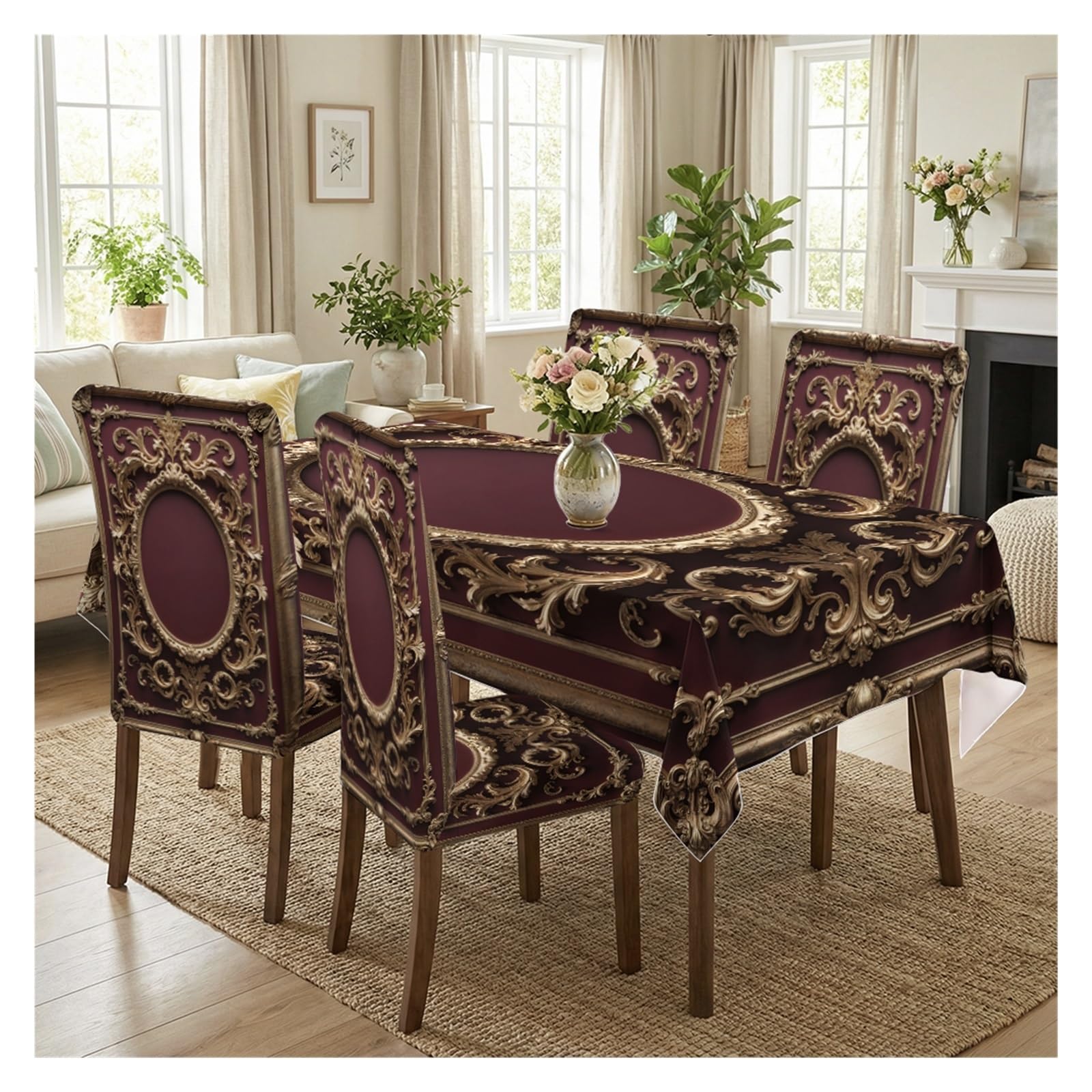 BOSUYBN Burgundy Red Gold Baroque Ornate Frame Printed Dining Tablecloth & Chair Covers Set, 5/7 Piece Luxury Royal Victorian Classic Dining Decor Table Setting(5pcs Set: Tablecloth+Chair Covers)