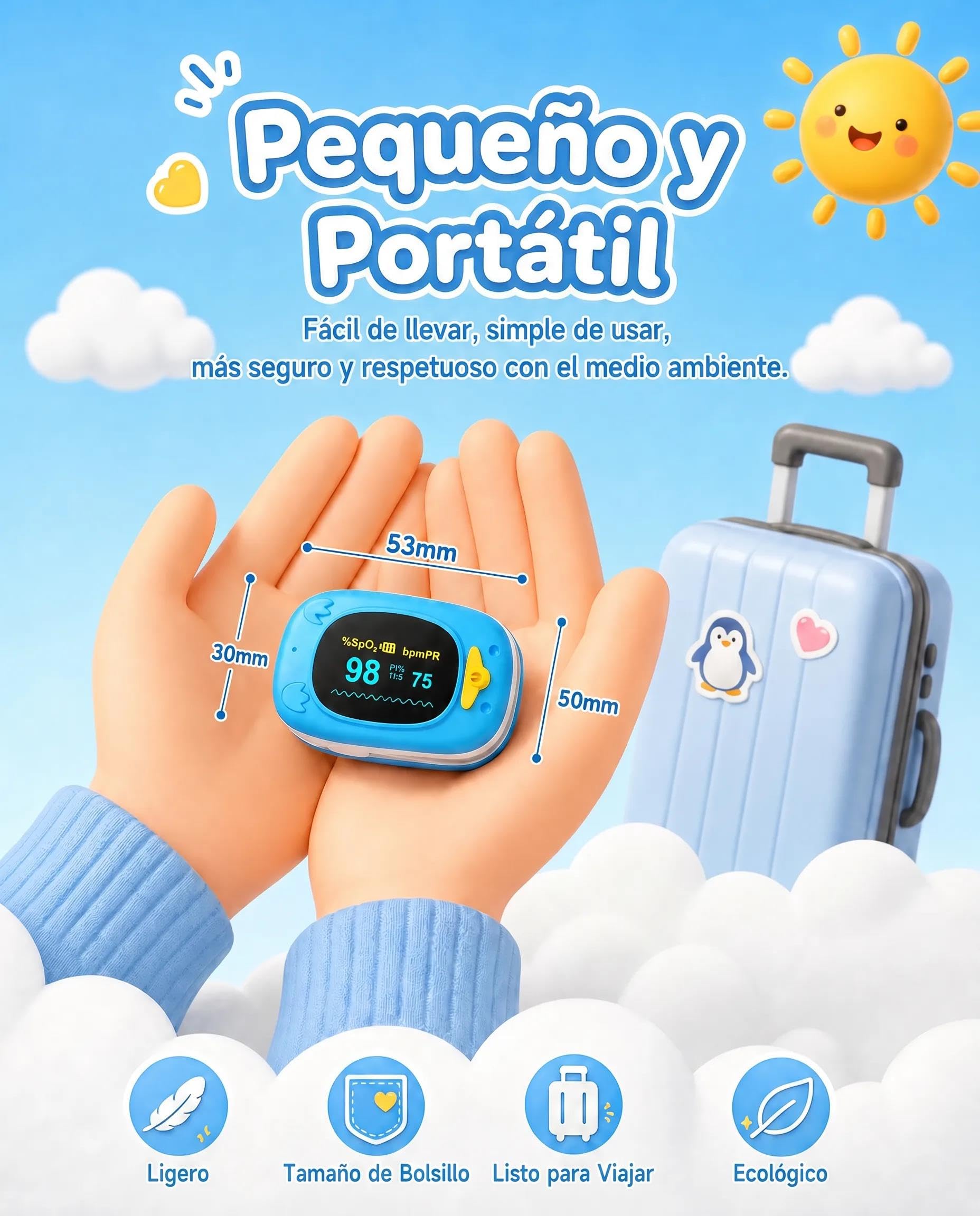 HealthTree JKS50A Pulsioximetro Pediatrico de dedo para Niños, Lectura Rápida 8-10s de Saturación de Oxígeno (SpO2), Frecuencia Cardíaca e Índice de Perfusión (PI), Pantalla OLED, Baterías y Cordón