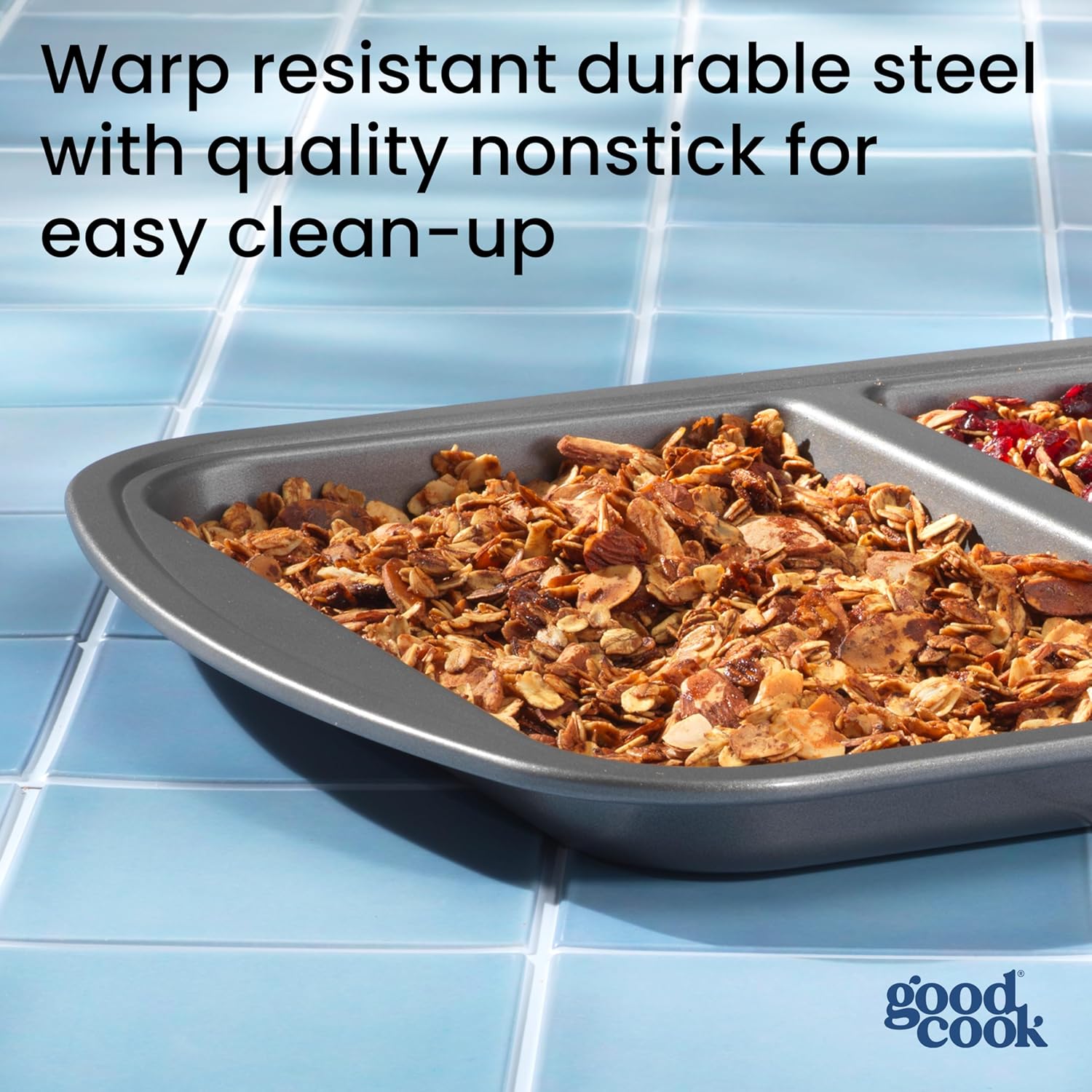 GoodCook Everyday Divided Sheet Pan 1-Inch Deep 2-Section Non-Stick Scratch-Resistant Carbon Steel Construction for Meal Prepping & Sheet Pan Dinners, 11x16-Inch, Gray
