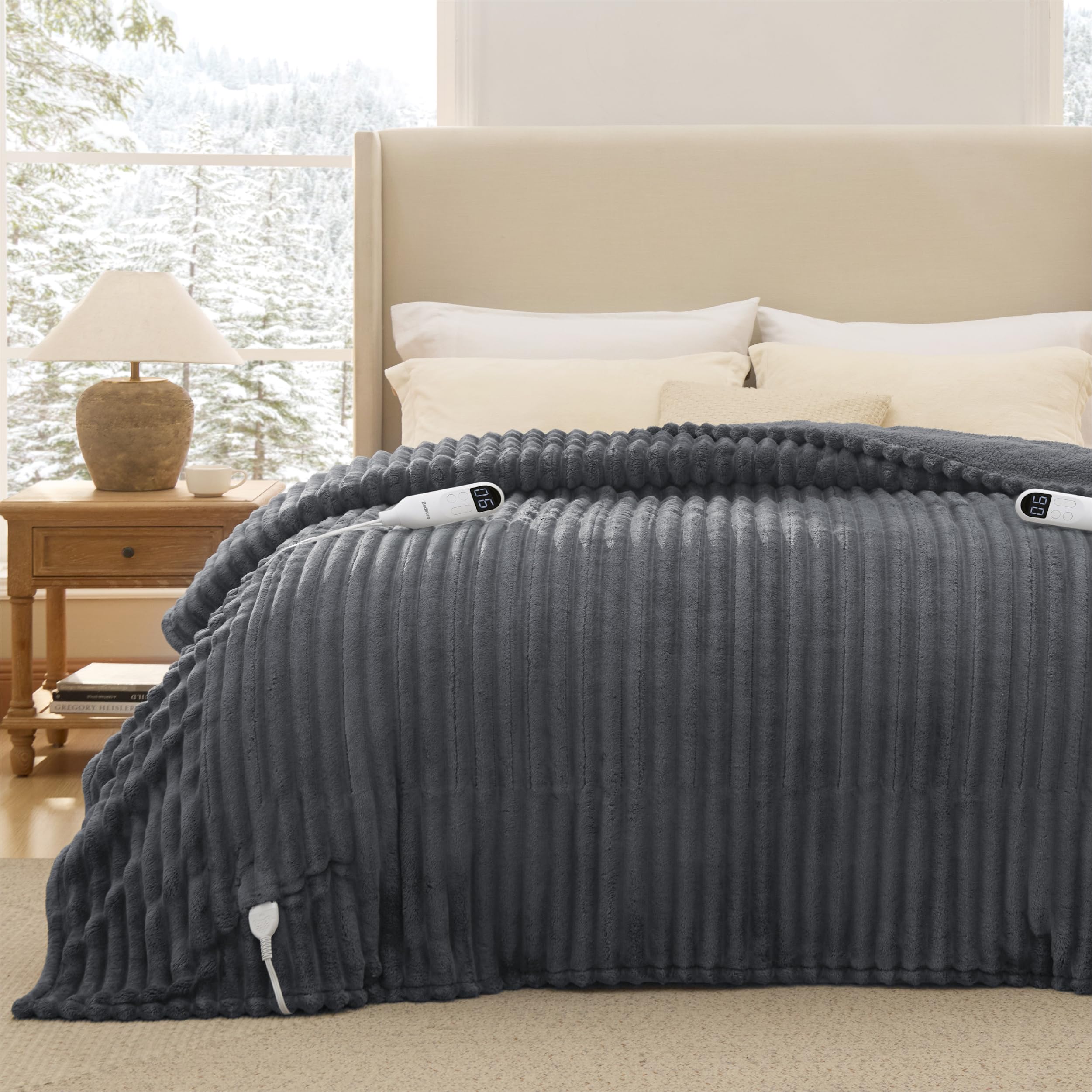 Bedsure Thick Electric Blanket Queen, Dual Control Heated Blanket, Grey
