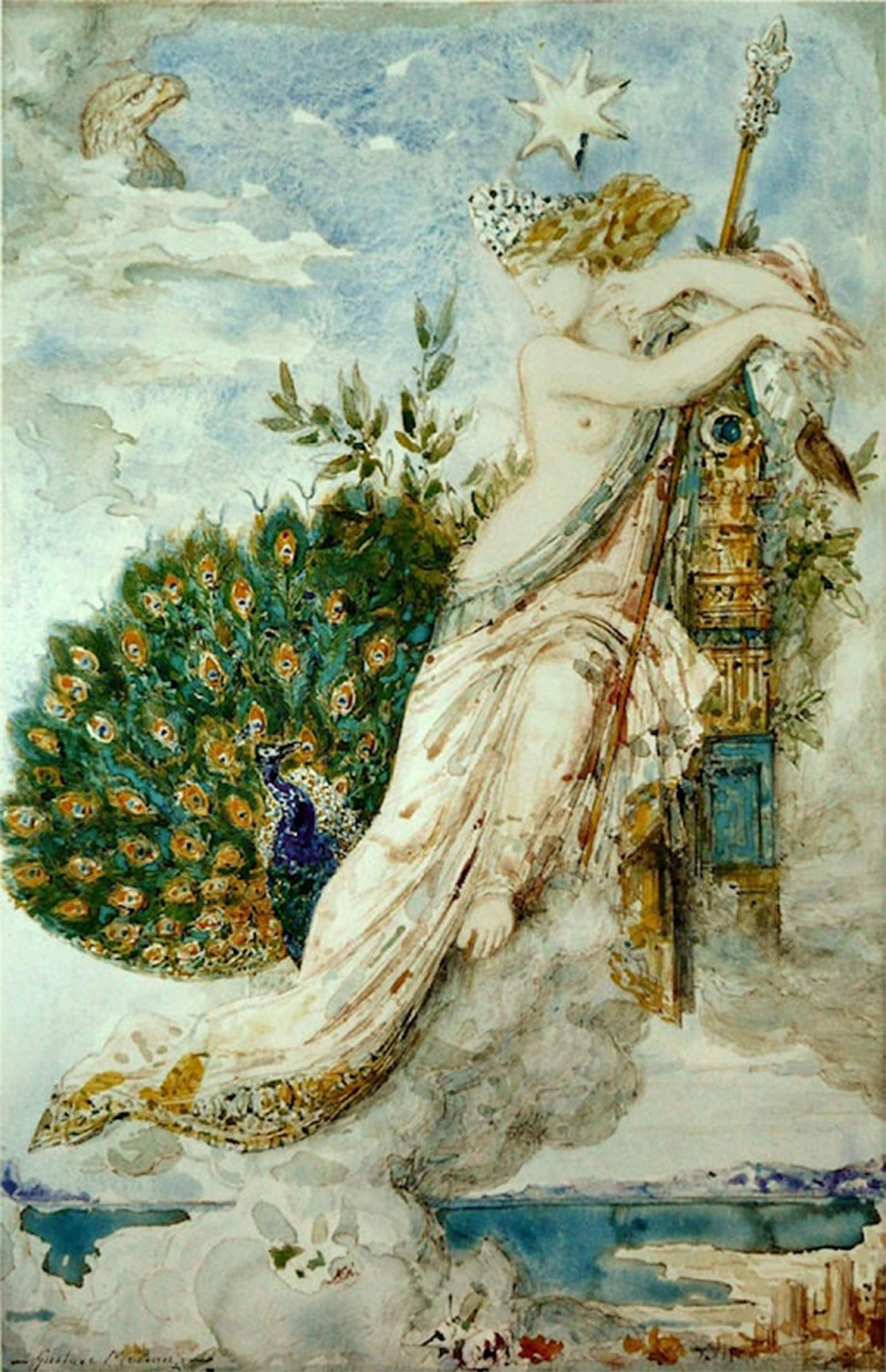 SERENDIPITP Retro Picture Poster Wall Art Pictures Painting Peacock Complains to Juno by Gustave Moreau Wall Art Canvas Print for Wall Decor 60x90cm