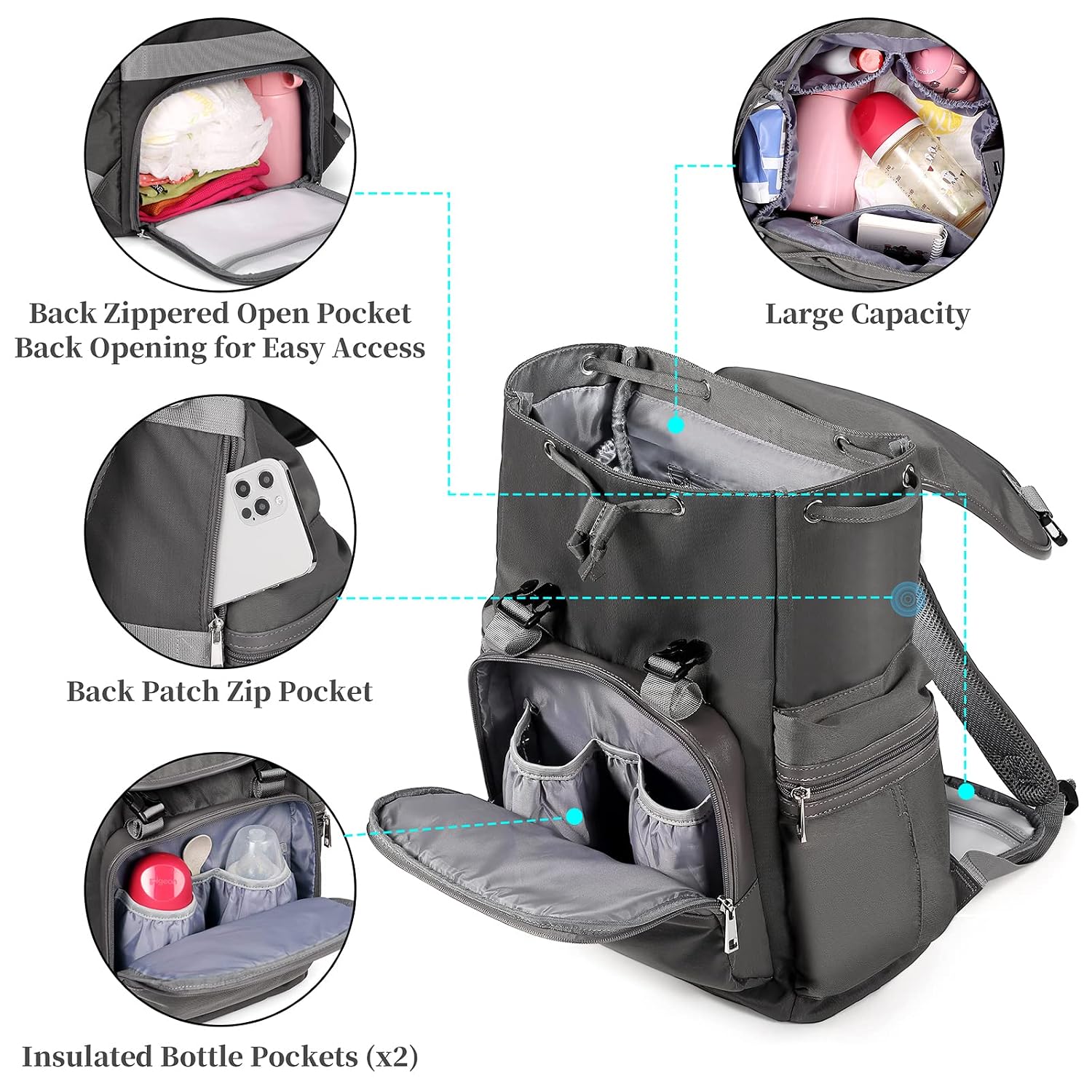 Diaper Bag Backpack, LOVANA Multifunction Waterproof Travel Back Pack with Stroller Hooks & USB Charging Port ,Double Compartments Large Capacity, Unisex and Stylish(Dark Gray)