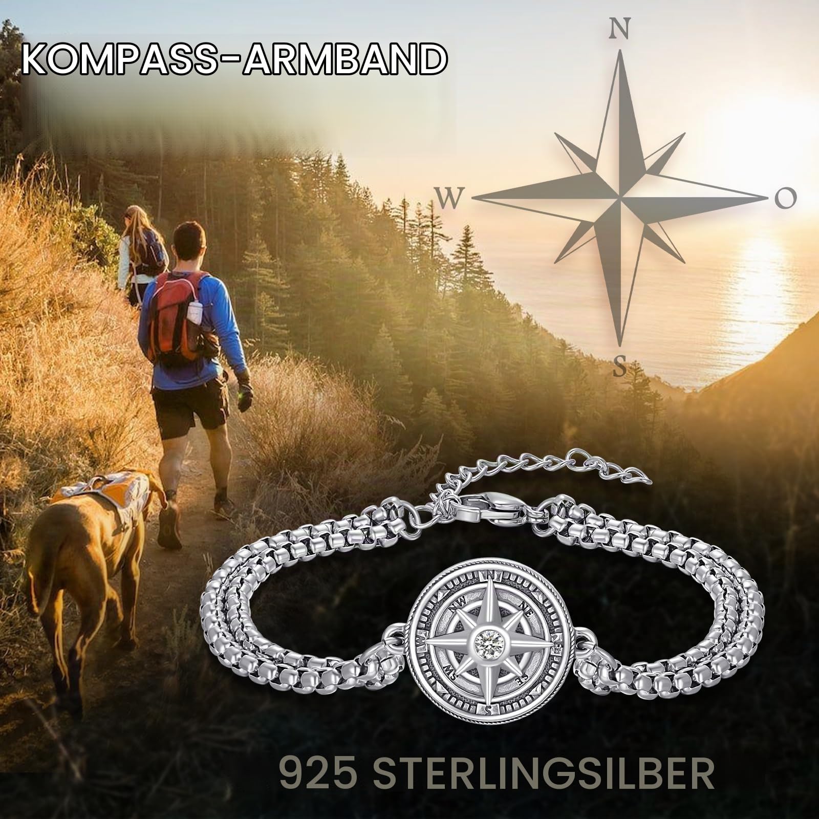 925 Sterling Silber Wikinger Armband für Männer Wolf/Drache/Odin/Kompass Armband Wikinger Schmuck Geschenke, mit Edelstahlkette
