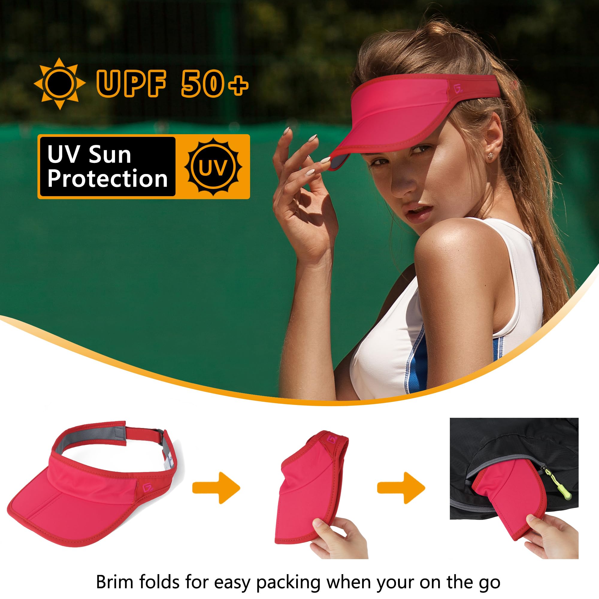 GADIEMKENSD Foldable Sport Sun Visor Hats Sun Caps UPF50+ Lightweight Ponytail Adjustable Hat for Golf Tennis Beach Running Hiking Football Rose Red