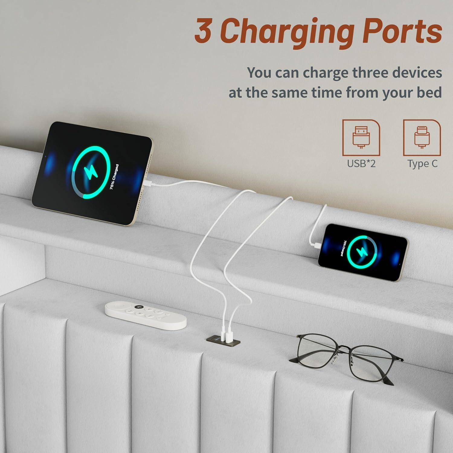 Close-up of USB and Type-C charging ports on headboard