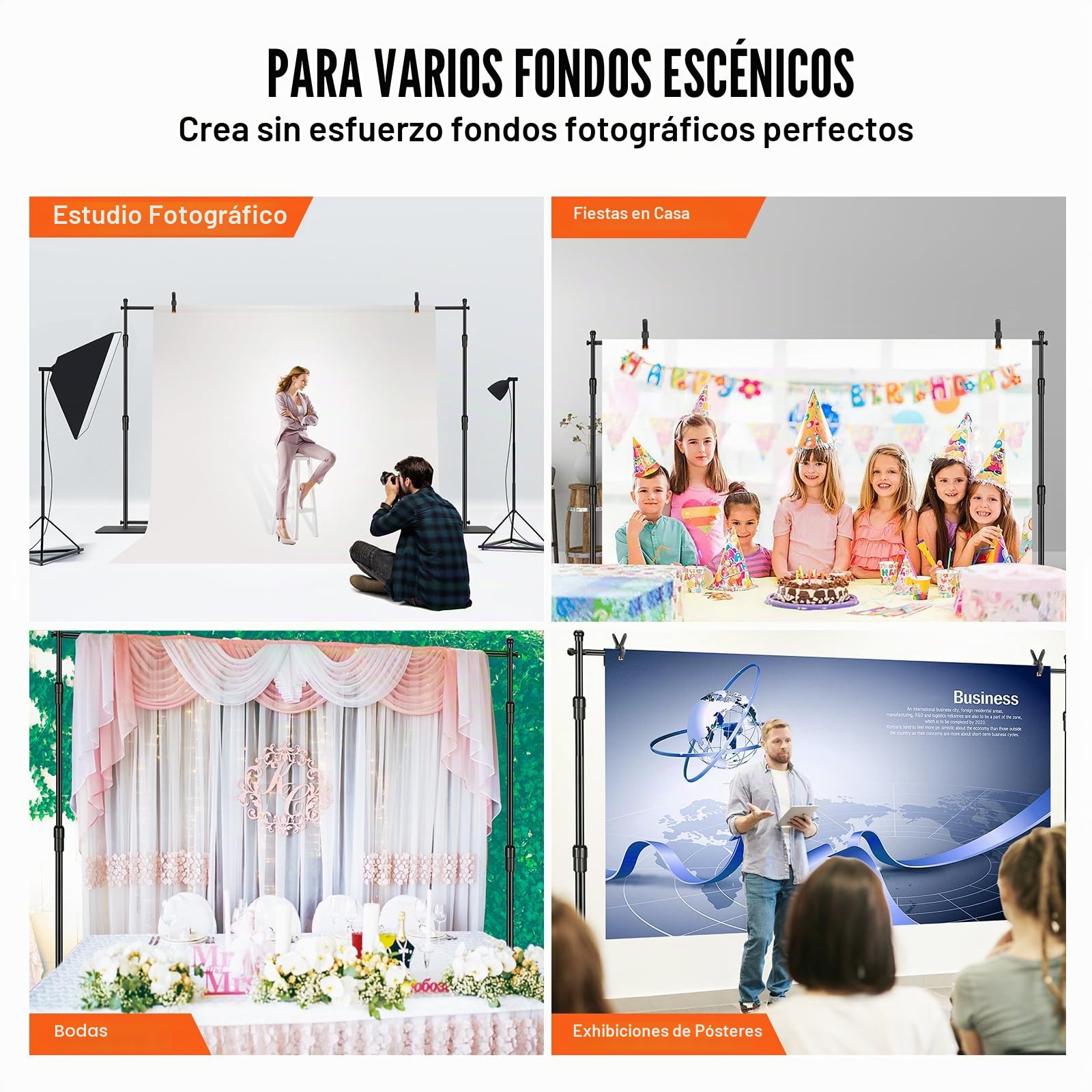VEVOR Soporte de Fondo Kit de Soporte de Fondo Fotográfico Ajustable de 3048x3048 mm con Base de Acero al Carbono con 6 Abrazaderas Bolsa de Transporte para Estudio de Fotografía, Exposición, Boda