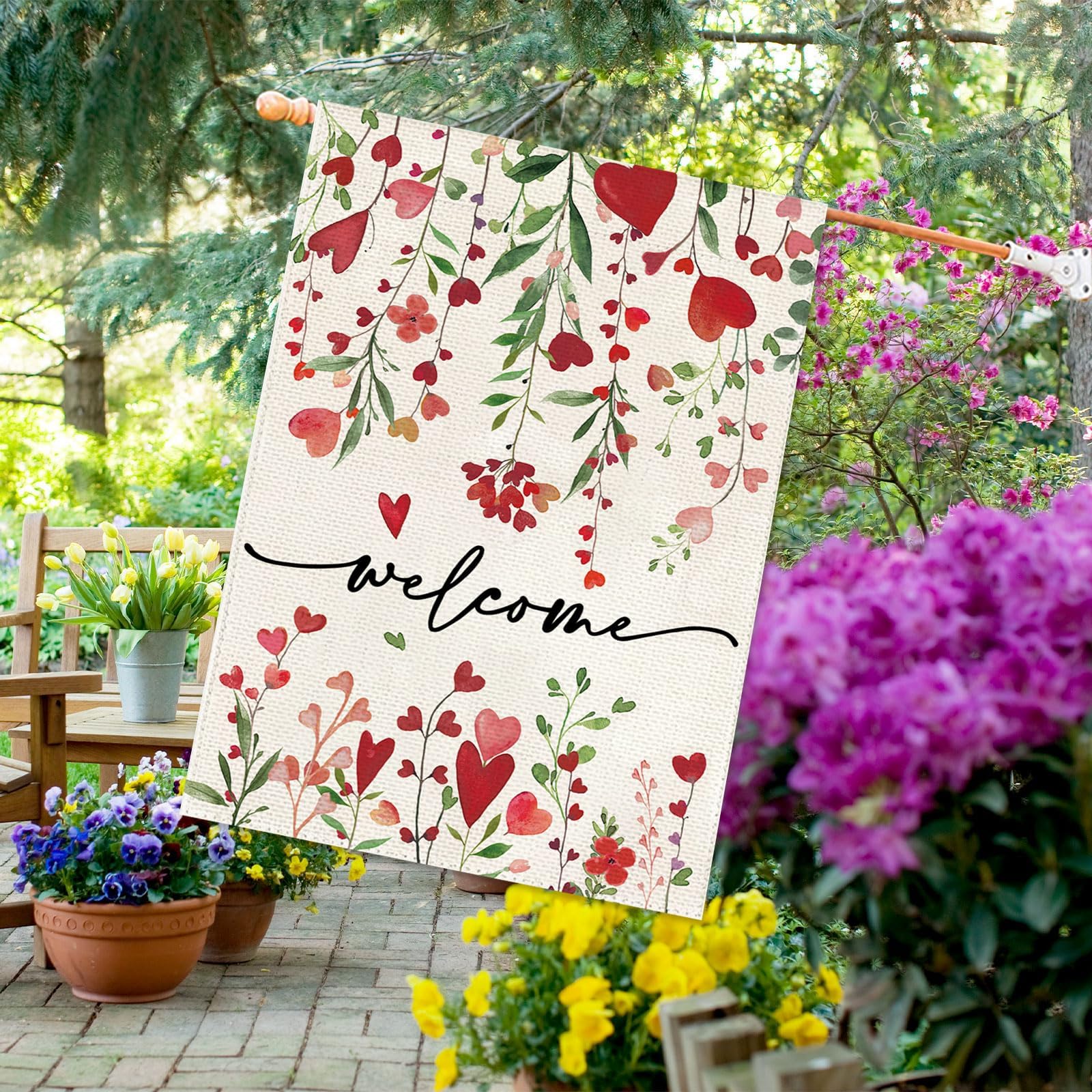 Baccessor Walentynki powitalny dom flaga 71 x 102 cm pionowa dwustronna czerwona miłość serce kwiatowy dziedziniec wiosna dom wiejski wakacje na zewnątrz powitalny trawnik dekoracja (duża)