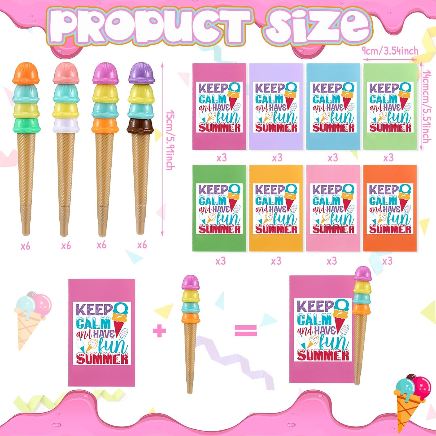 Sayglossy 48 Pcs End of Year Gift for Student from Teacher Summer Graduation Gift Ice Cream Party Favors Include Colorful Notebook Ice Cream Pen End of Year Student Gifts for Office Class School