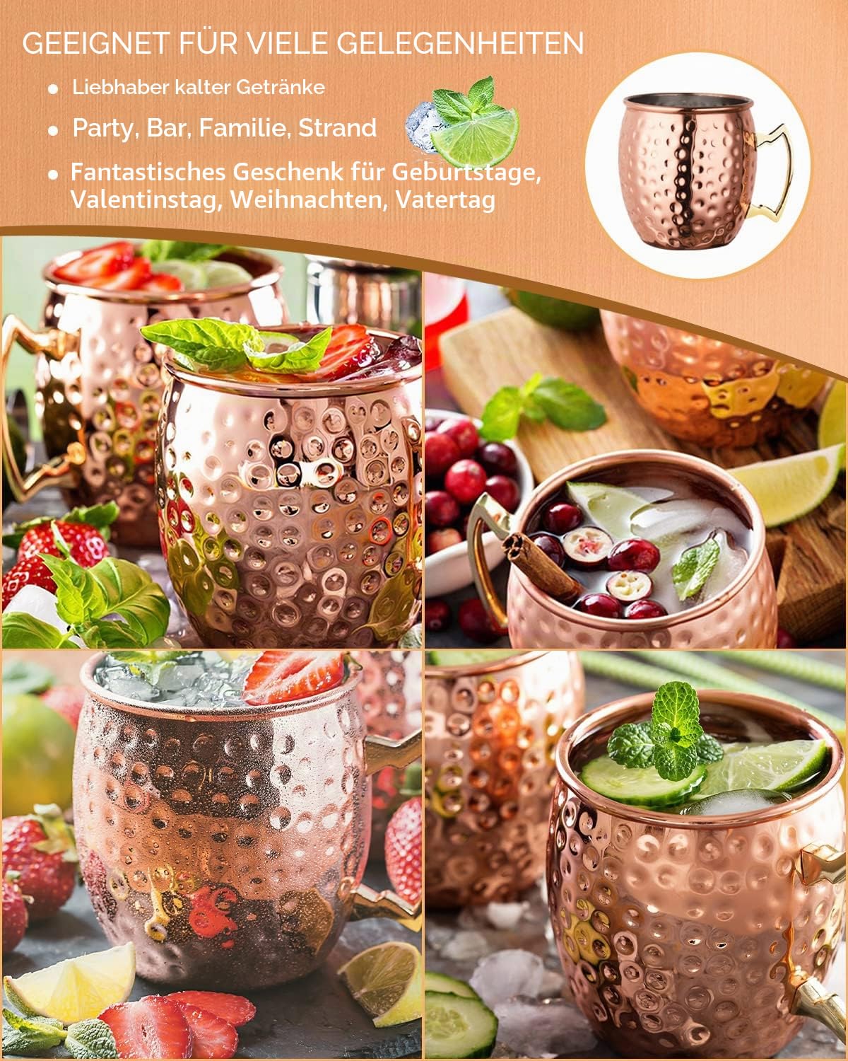 LIVEHITOP 19,5 Oz Moscow Mule Tasse‌ 4er Set, Gehämmerte Kupferbecher mit Jigger für Kaltgetränke, Zuhause, Bar, Party, Geschenk