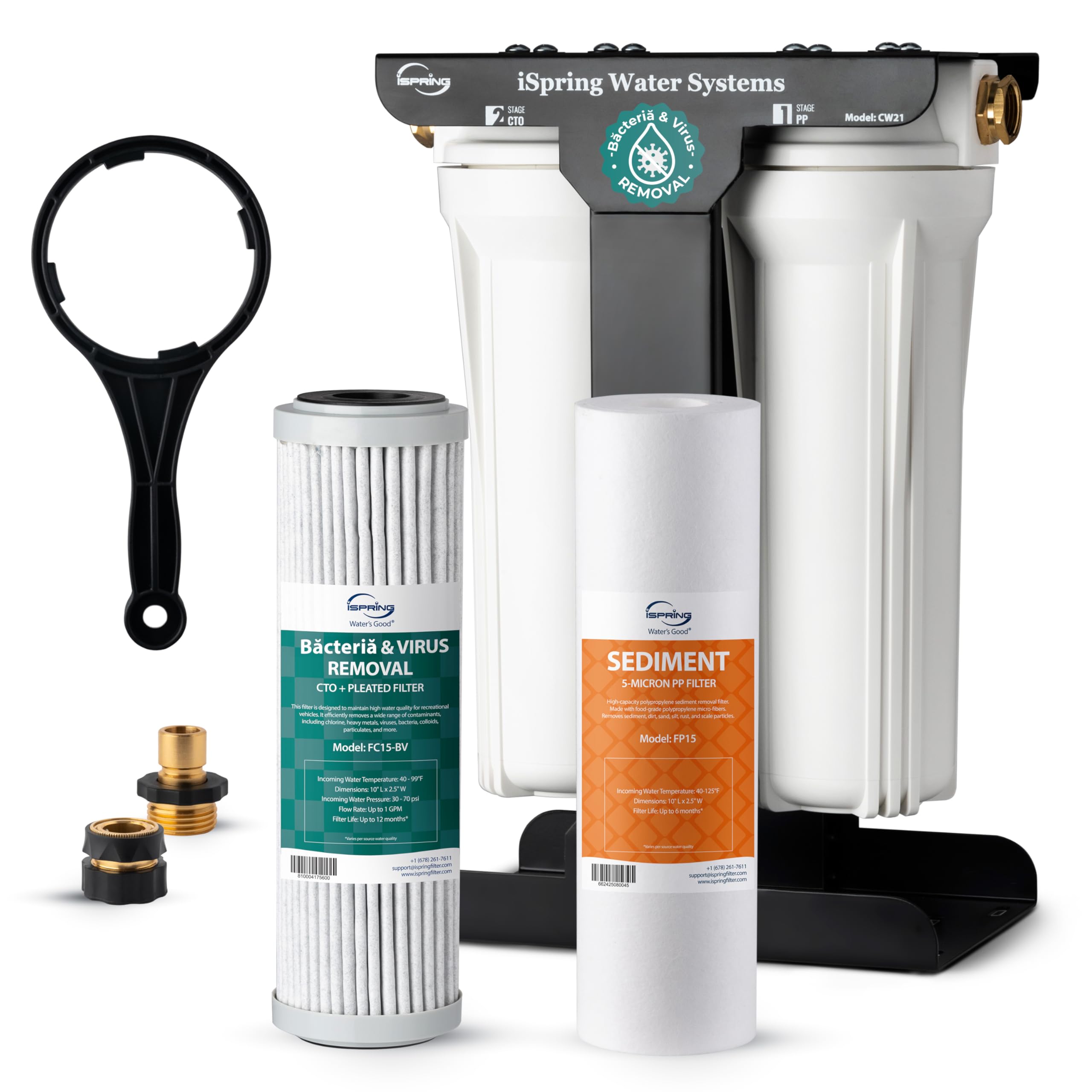 iSpring CW21-BV Sistema de filtración de agua RV de 2 etapas para campistas, eliminación de virus y bacterias probadas por SGS, sin BPA, alta capacidad, conectores rápidos de manguera de latón sin