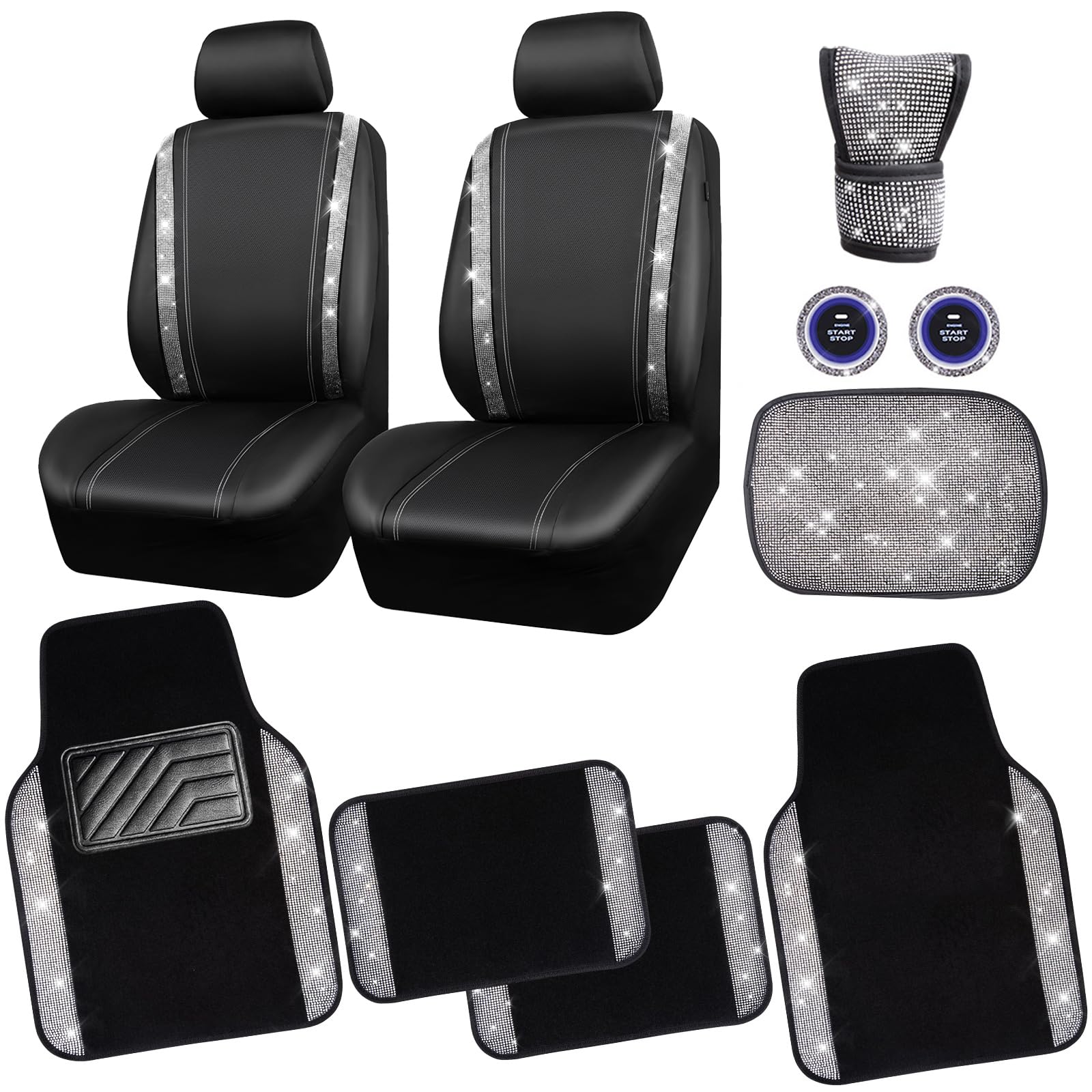 CAR PASS Rhinestone Bling Diamond Car Seat Covers Leather Shining Car Floor Mats Carpet Waterproof Anti-Slip Nibs Car Accessories Interior Sets for Women Silver Glitter White Sparkly CrystalGlobal Recycled StandardGlobal Recycled StandardGlobal Recycled Standard