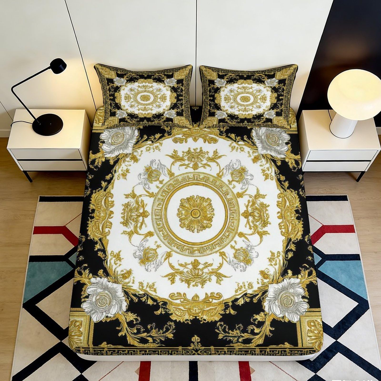 3D Printed Baroque Gold Fitted Sheet Microfiber Ornamental Medallion Bed Cover for Bedroom Guest Room Easy Care 90x200x25cm