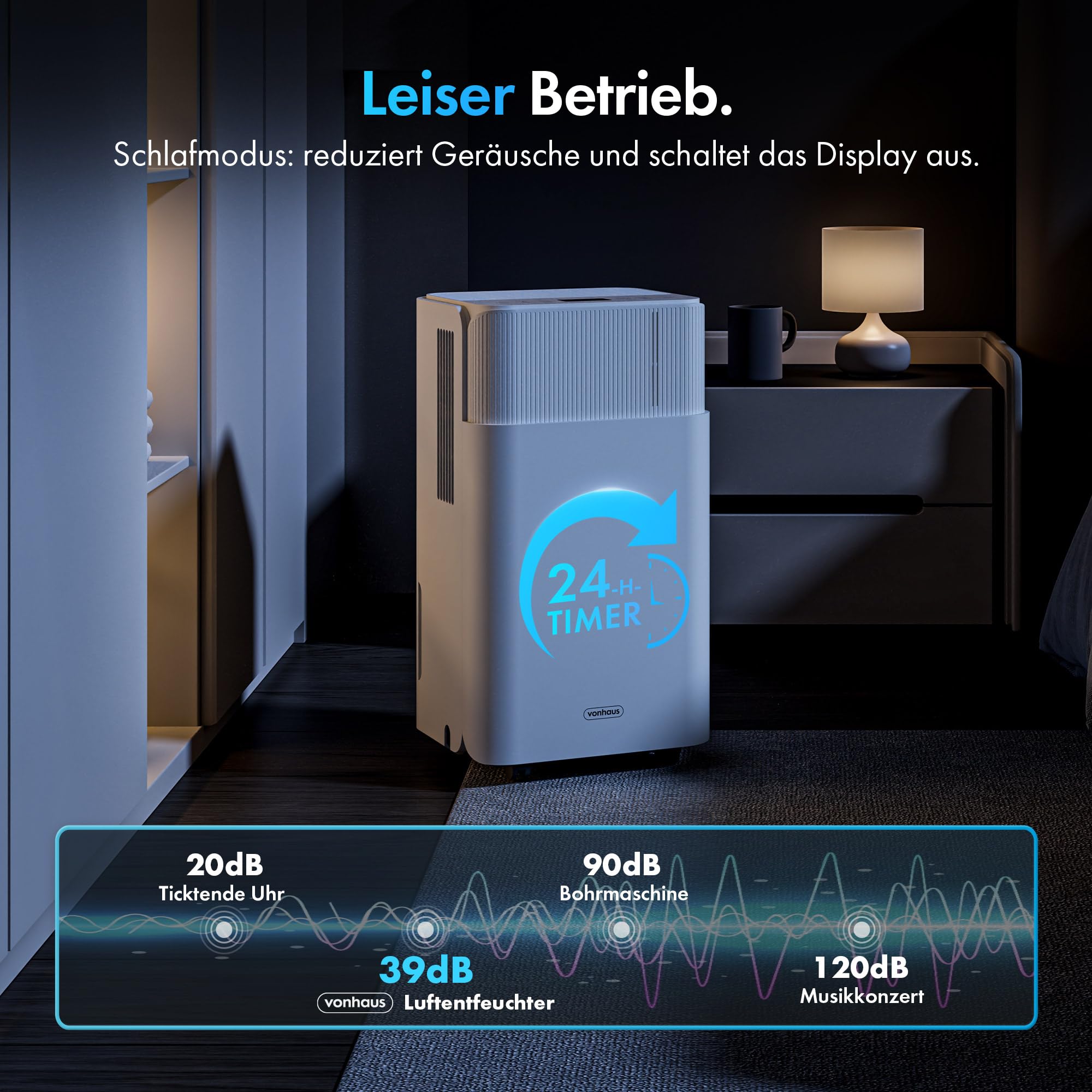 VonHaus Luftentfeuchter Elektrisch, 12L/24H, Entfeuchter für Keller, Raumentfeuchter Elektrisch 39dB für Räume bis zu 125m³/20m², mit Schlafmodus, Timer & Ablaufschlauch - Gegen Nässe und Schimmel