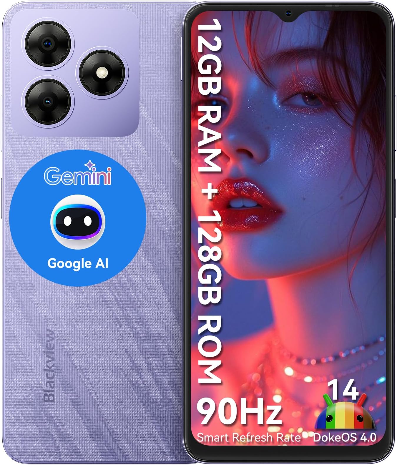 Blackview WAVE 8 Unlocked Mobile Phones, 12GB+128GB/2TB, Octa-Core 4G Android 14 Smart Phone, 13MP+8MP AI Camera 5000mAh/10W, Dual SIM Smartphone, 6.56" HD+, GPS/OTG, Fingerprint/Face ID, Purple