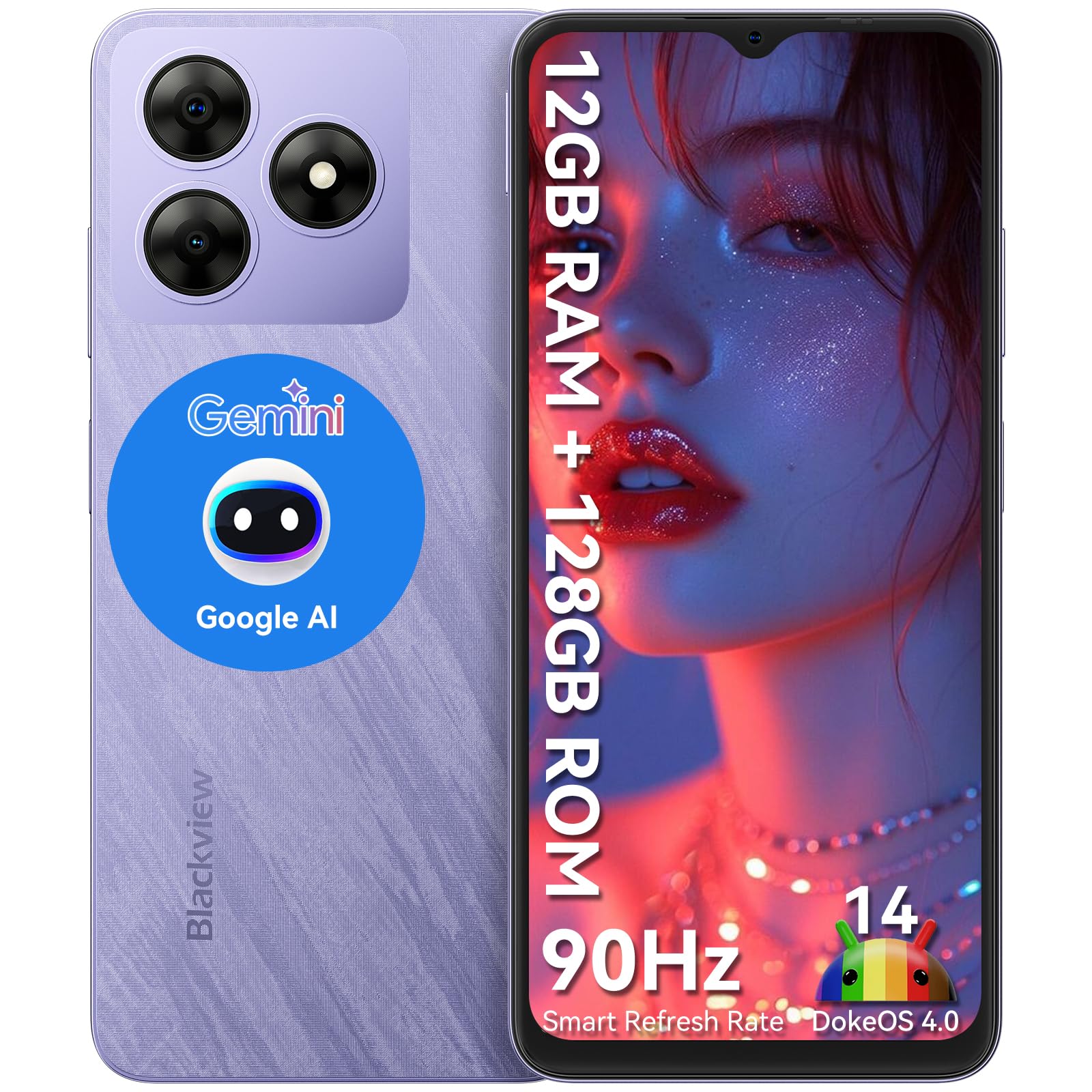 Blackview WAVE 8 Unlocked Mobile Phones, 12GB+128GB/2TB, Octa-Core 4G Android 14 Smart Phone, 13MP+8MP AI Camera 5000mAh/10W, Dual SIM Smartphone, 6.56" HD+, GPS/OTG, Fingerprint/Face ID, Purple