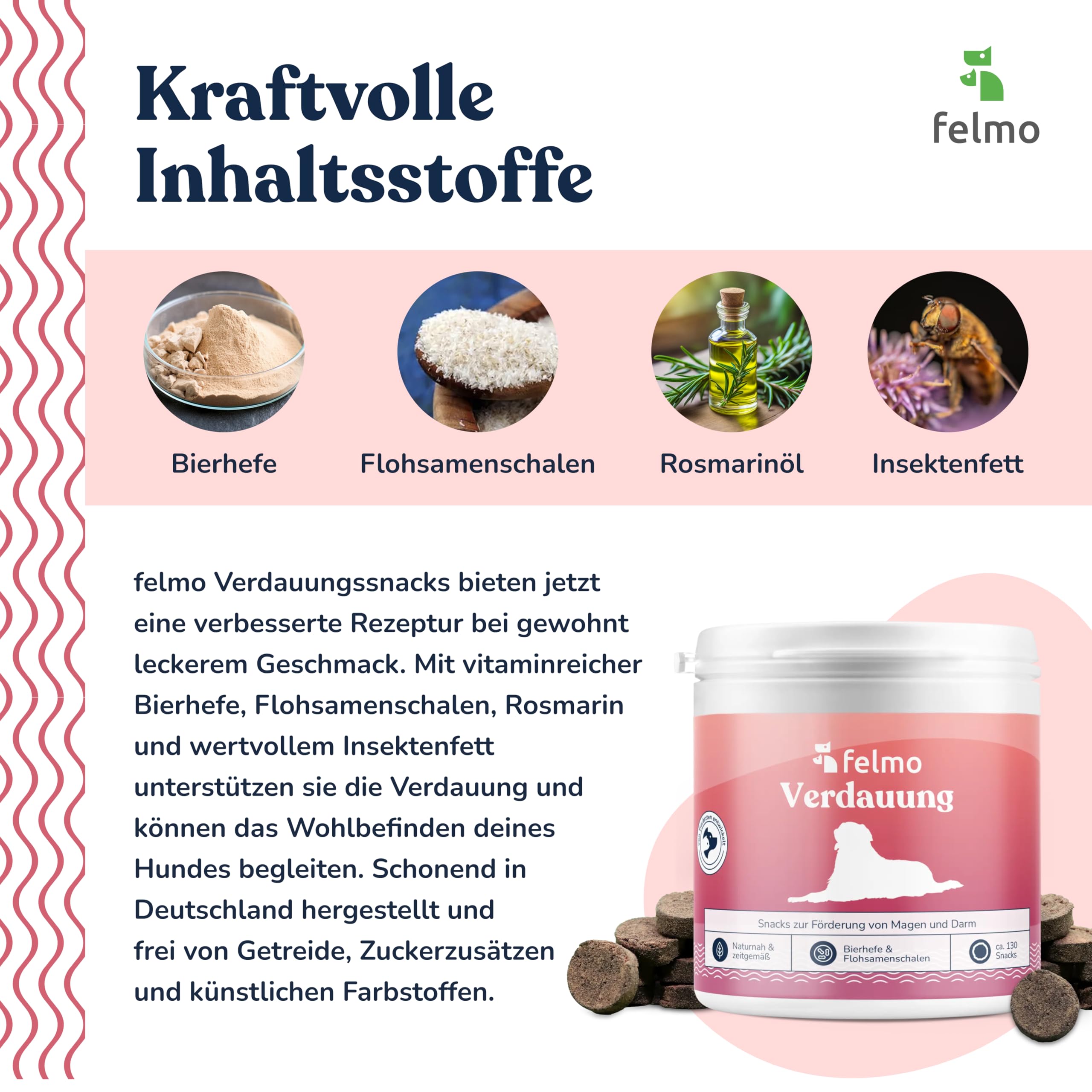 felmo Snack digestivo per cani (325 g) con lievito di birra e grasso completo per insetti | Snack prebiotici per l'equilibrio intestinale, la salute della pelle e dell'immunità, senza cereali, made in Germany