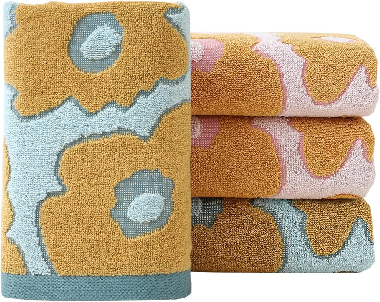 Pidada Hand Towels Set of 4 Floral Pattern 100% Cotton Absorbent Soft Decorative Towel for Bathroom (Aqua Blue & Pink)