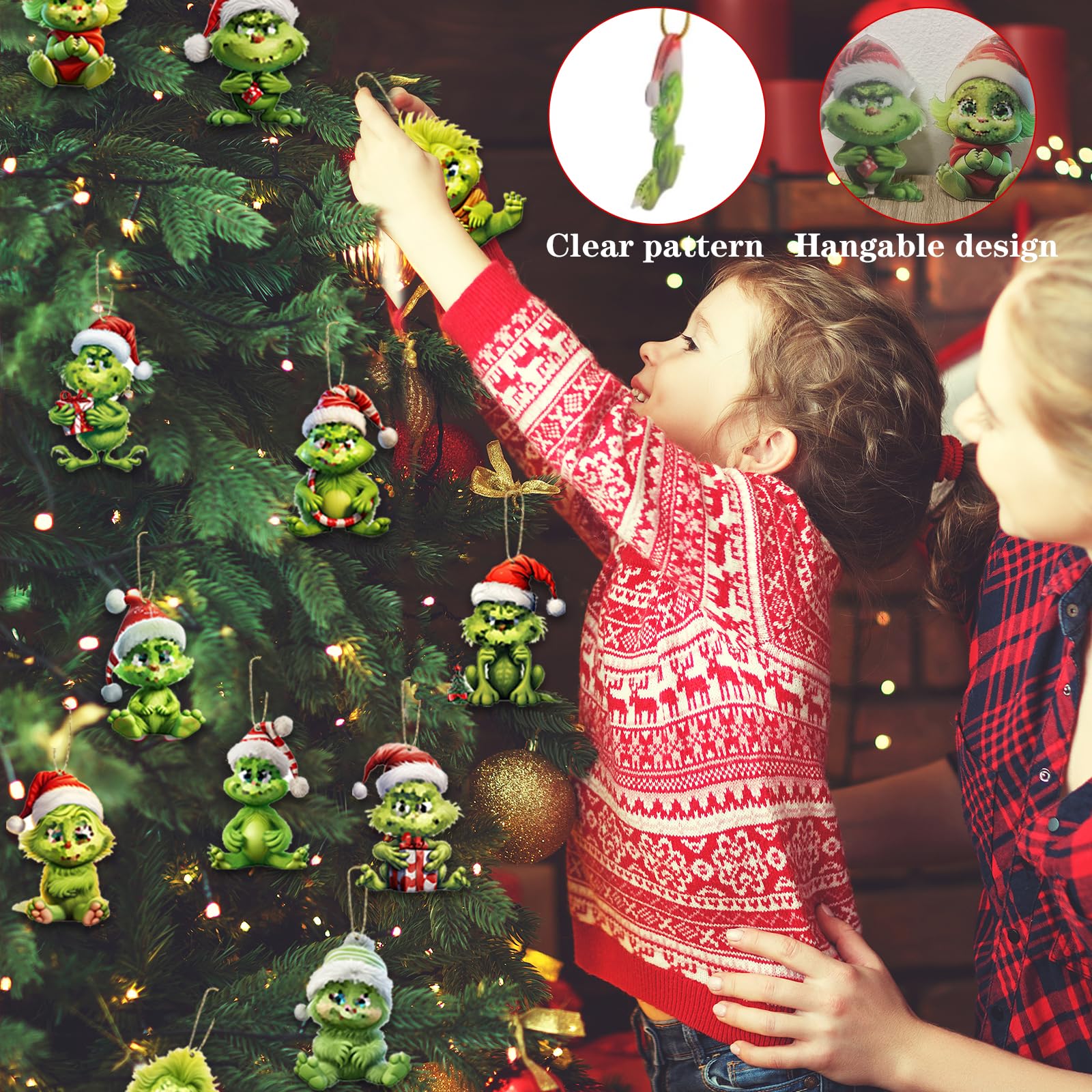 Grinch Weihnachtsschmuck Set - 12 Stück 2D Acryl Anhänger Für Weihnachtsbaum Dekoration