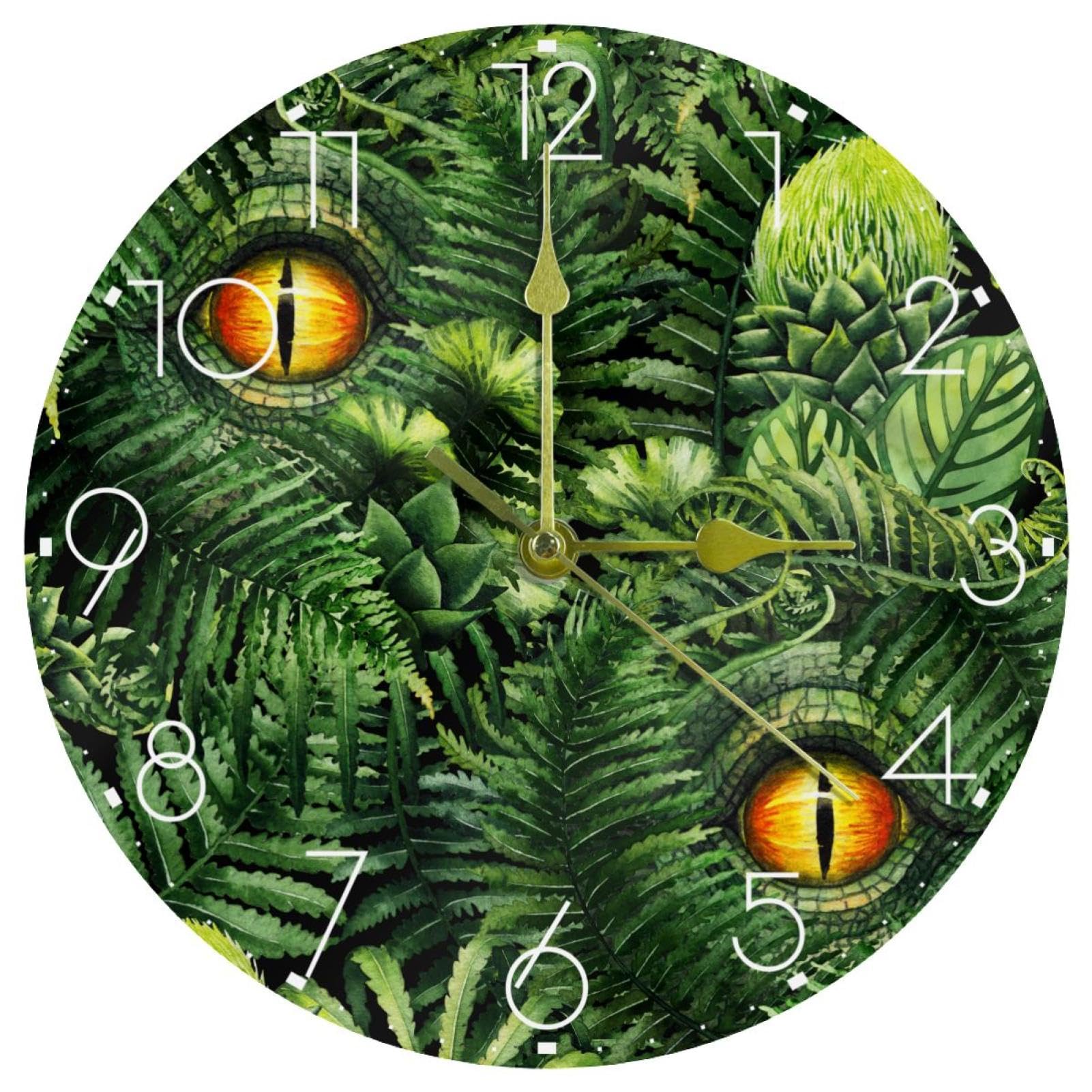 Horloge murale verte tropicale 25,4 cm silencieuse avec motif dinosaure