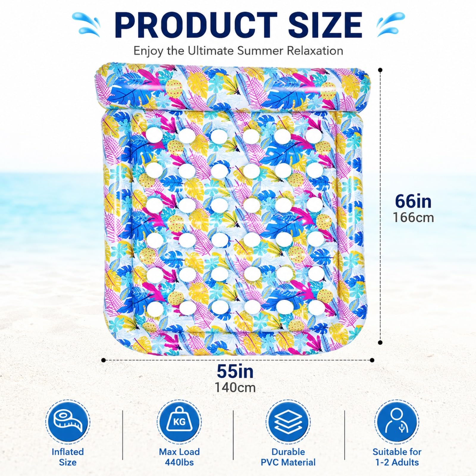 Lettino Gonfiabile Galleggiante per 2 Persone, Lettino Abbronzante per Piscina, Zattera Gonfiabile Resistente per Piscina, Spiaggia, Lago e Feste Estive