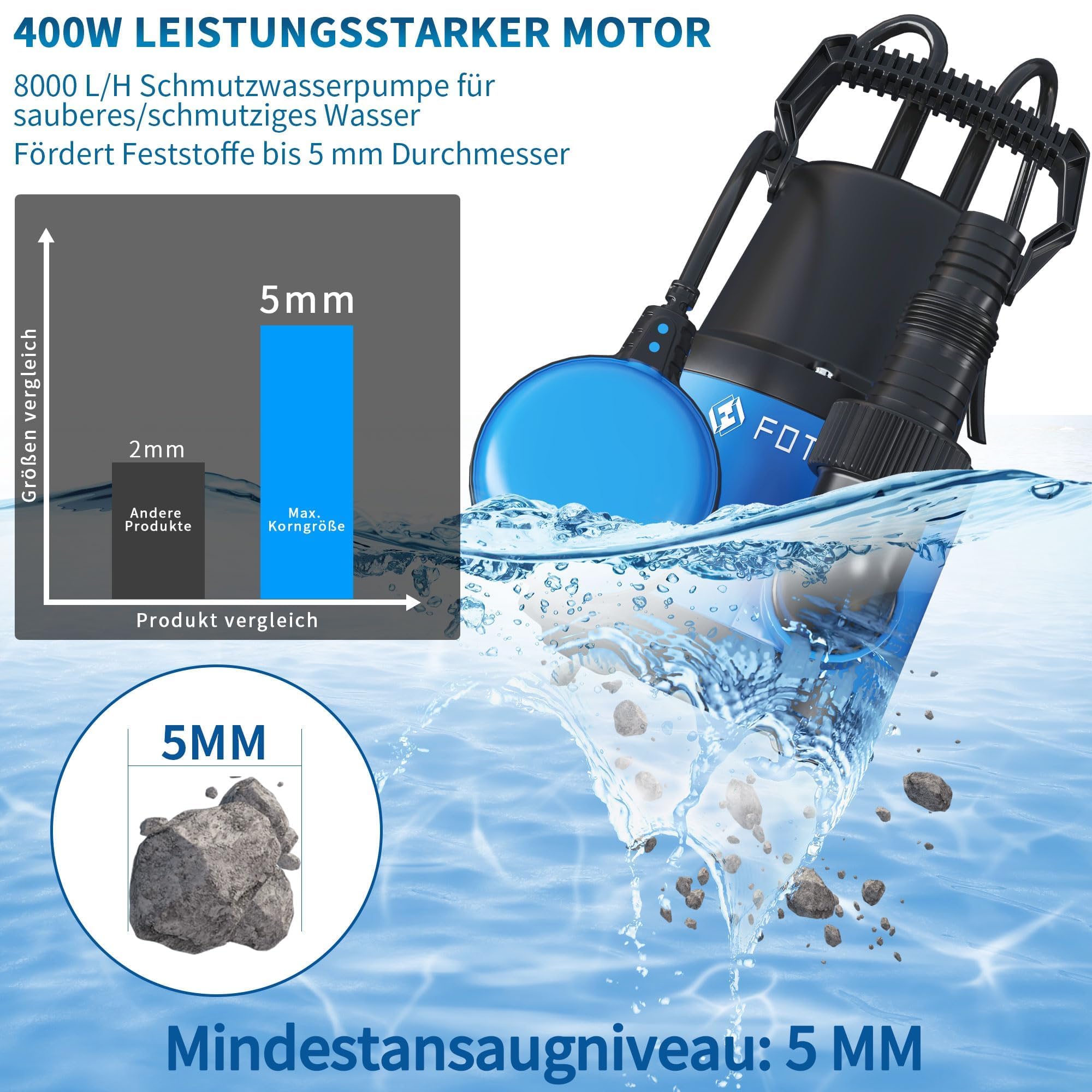 FOTING Pompa sommersa 400W 8000l/h portata max 8m profondità di immersione max 7m interruttore galleggiante regolabile protezione termica per piscina e cantina