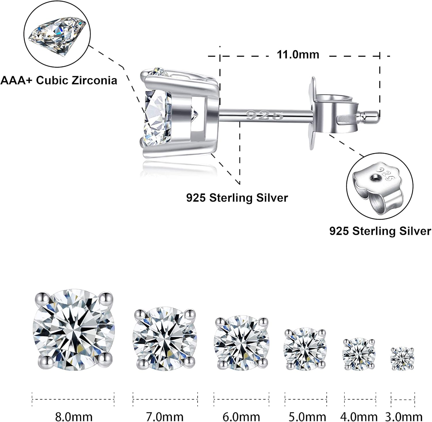 18K Gold Plated Sterling Silver Cubic Zirconia Stud Earrings for Women Men, Simulated Diamond CZ Studs Hypoallergenic Jewelry - Image 2