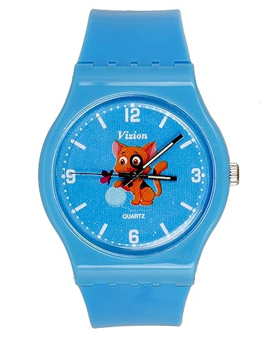 Vizion Analog Sky-Blue Big Dial (Kiity-With Buuterfly and fur-ball) Cartoon Character Watch for Kids-8822-4-1