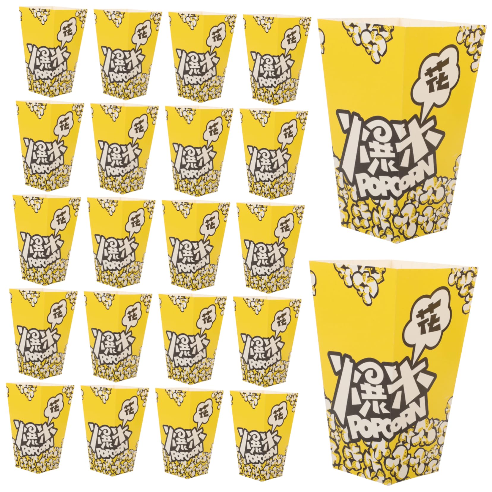 100 Stück Popcornboxen aus Papier in Gelb für Partys | Weiße Kartonqualität, für Süßwaren und Snacks, Dekorative Muster, Selbstgemacht Bäckerei und Festlichkeiten