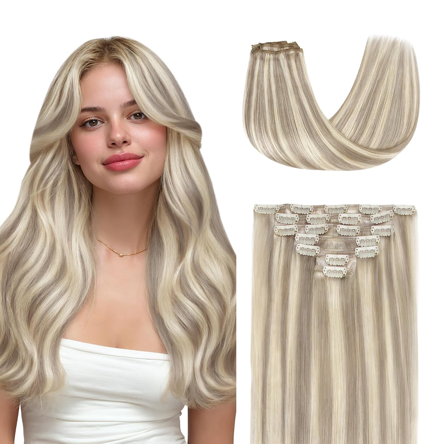 GOO GOO Clip in Hair Extensions Real Human Hair, Remy Human Hair Extensions Clip ins for Women, Natural Human Hair, 14inch 120g 7 Pcs, #18F/60A Balayage Light Wheat Platinum Blonde