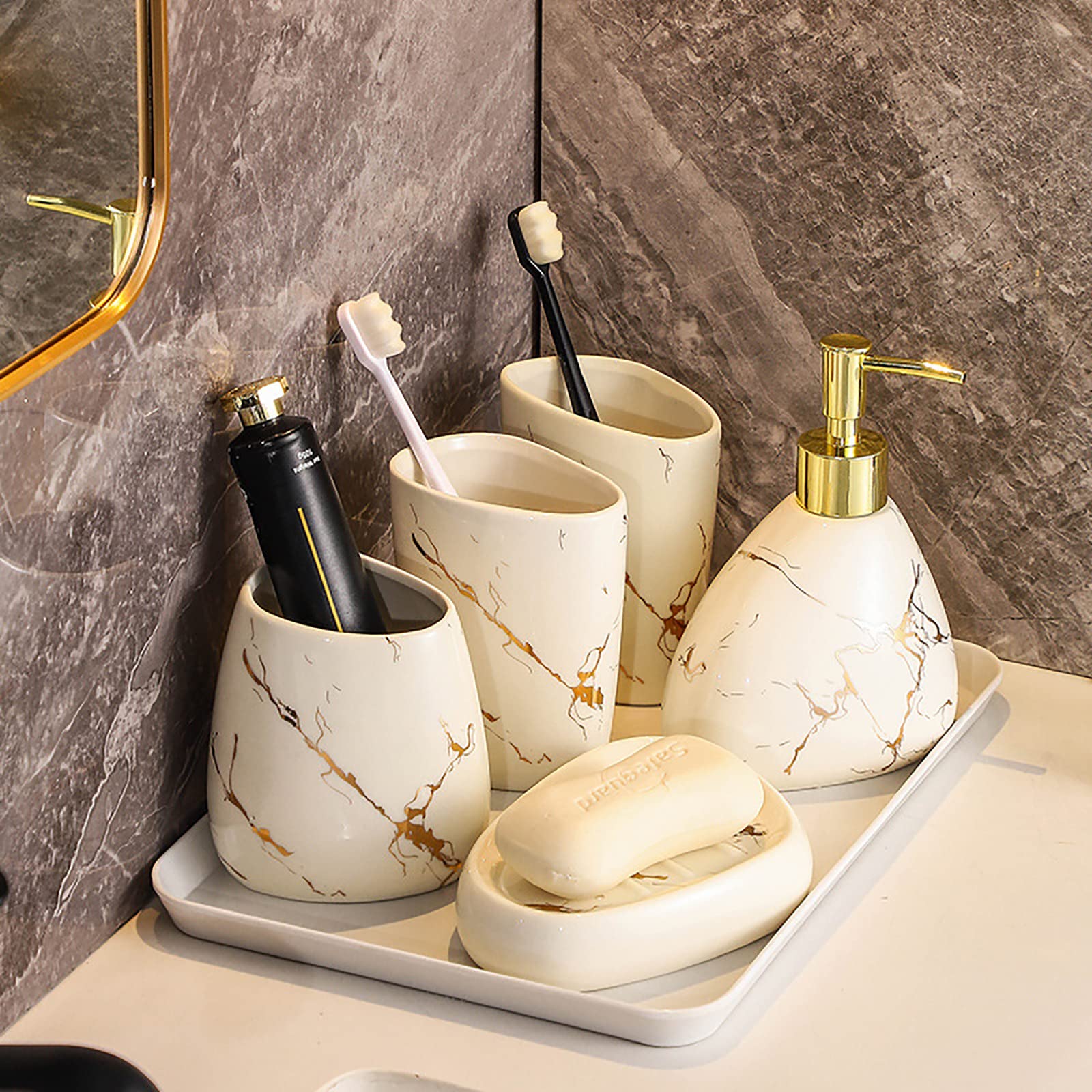 Juegos de Accesorios de baño, Acesorios Cuartos de Baño 5 Piezas para Dispensador Jabon Baño, Jabonera Baño, Porta Cepillo de Dientes Dosificador Jabon Baño Gel de Ducha Cerámica Blanco