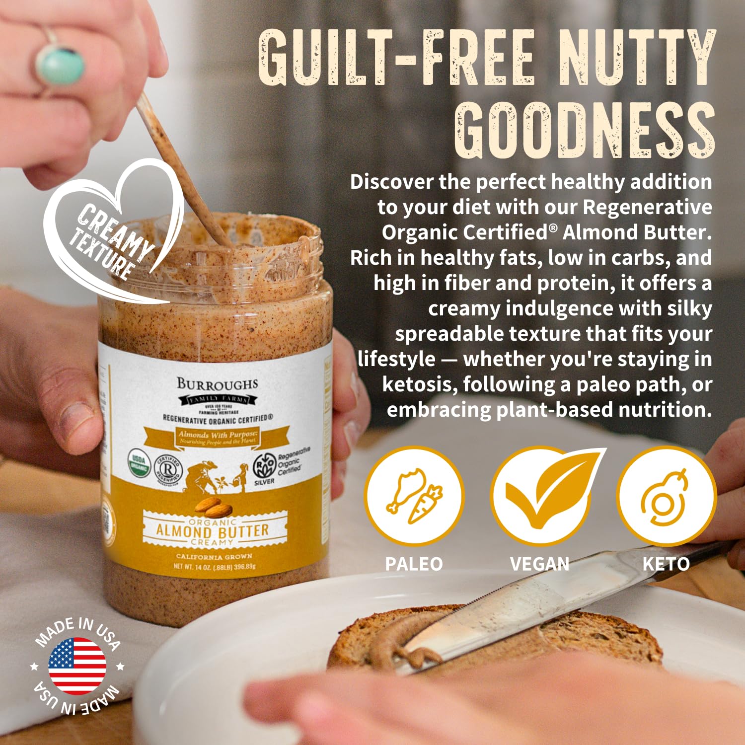 USDA Organic Almond Butter, 14 oz – No Palm Oil, No Sugar Added Almond Nut Butter – 2x the Antioxidants and Vitamin B Versus Other Nut Butter – First Regenerative