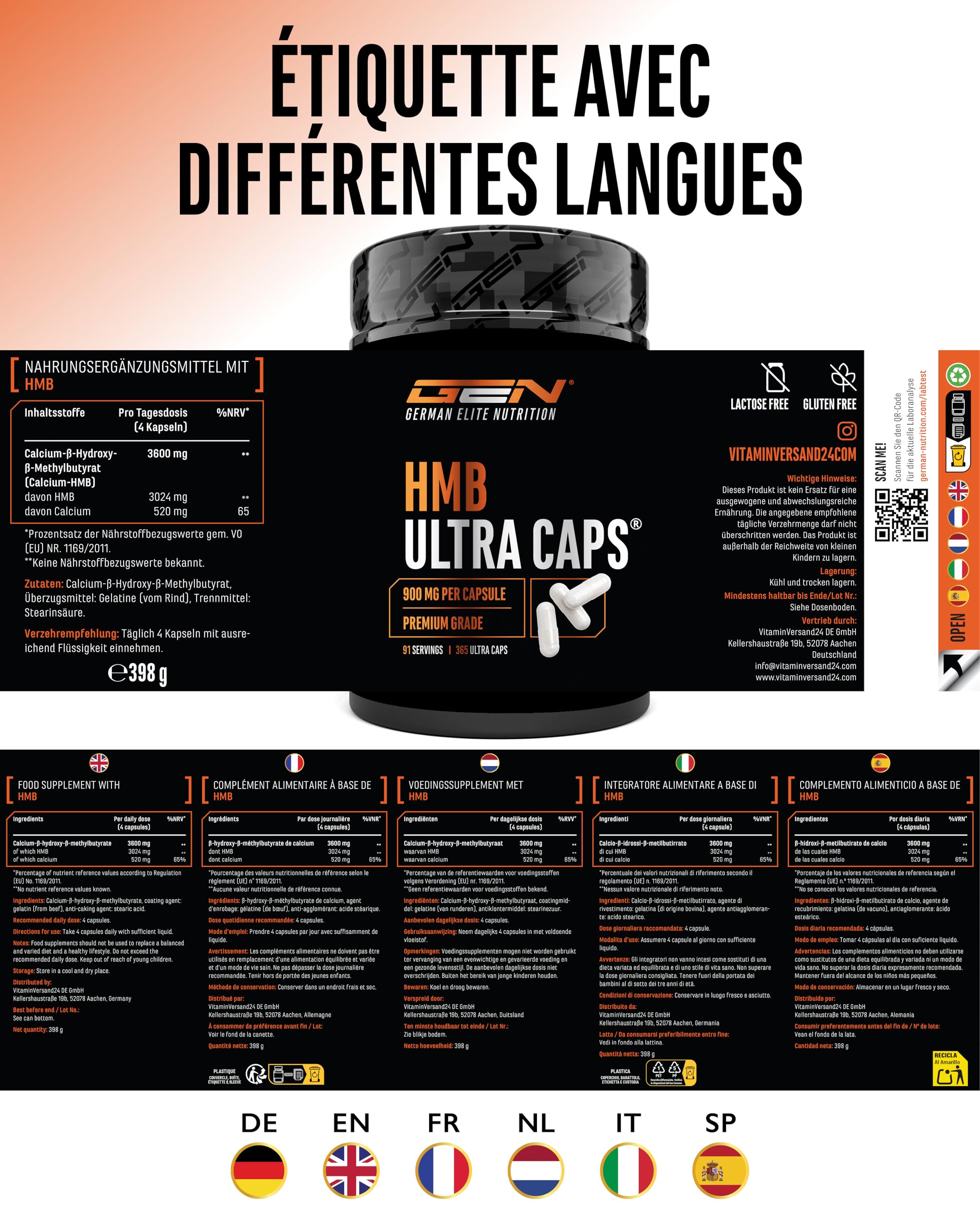 HMB Ultra Caps - 365 Gélules - Hautement Dosées avec 3600 mg de β-Hydroxy-β-Méthylbutyrate de Calcium Pur (HMB de Calcium) par Dose Quotidienne - sans Additifs Indésirables