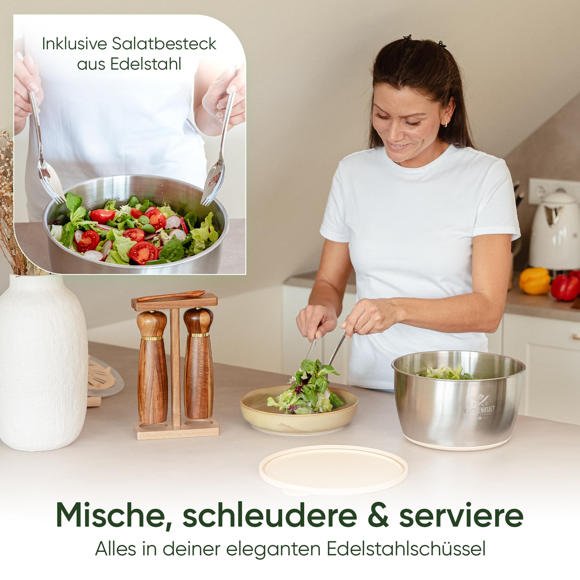 Edelstahl Salatschleuder mit Deckel 5L | Rutschfester Boden | Testsieger 2025 | Salad Spinner | BPA -frei